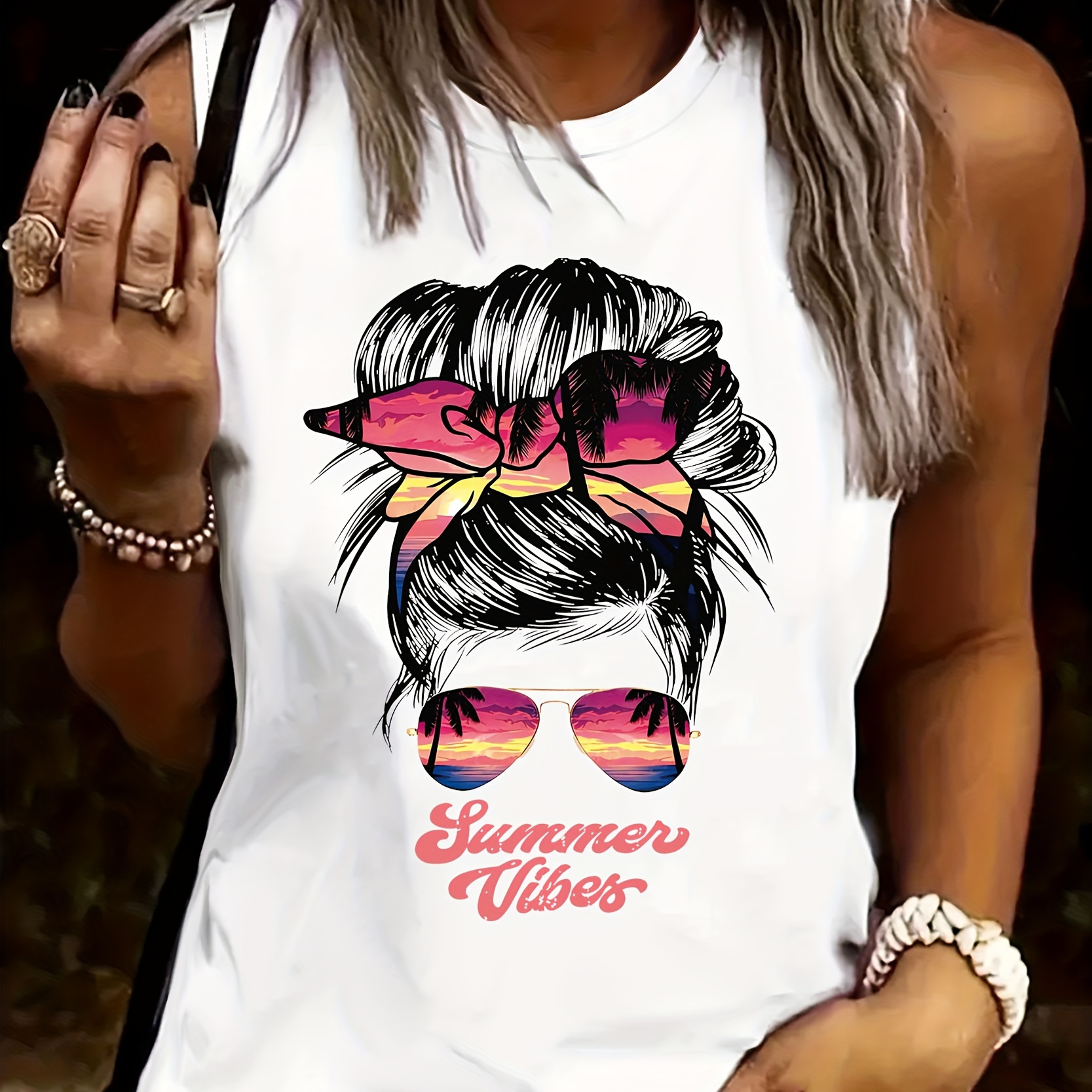 

Summer Print Crew Neck Tank Top, Casual Sleeveless Tank Top For Summer, Women's Clothing