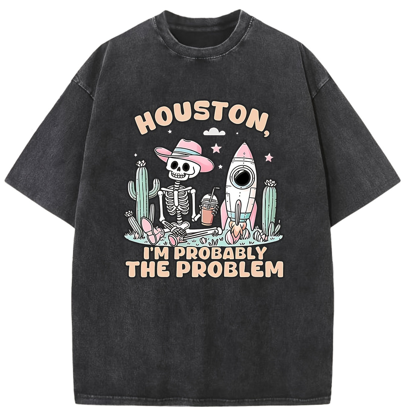 

Houston I'm Probably The Problem Creative Printing Vintage Washed High Quality Cotton Patterned T-shirt Men's T-shirt Clothing Drop Shoulder Sleeve Round Neck Tops Short Sleeve