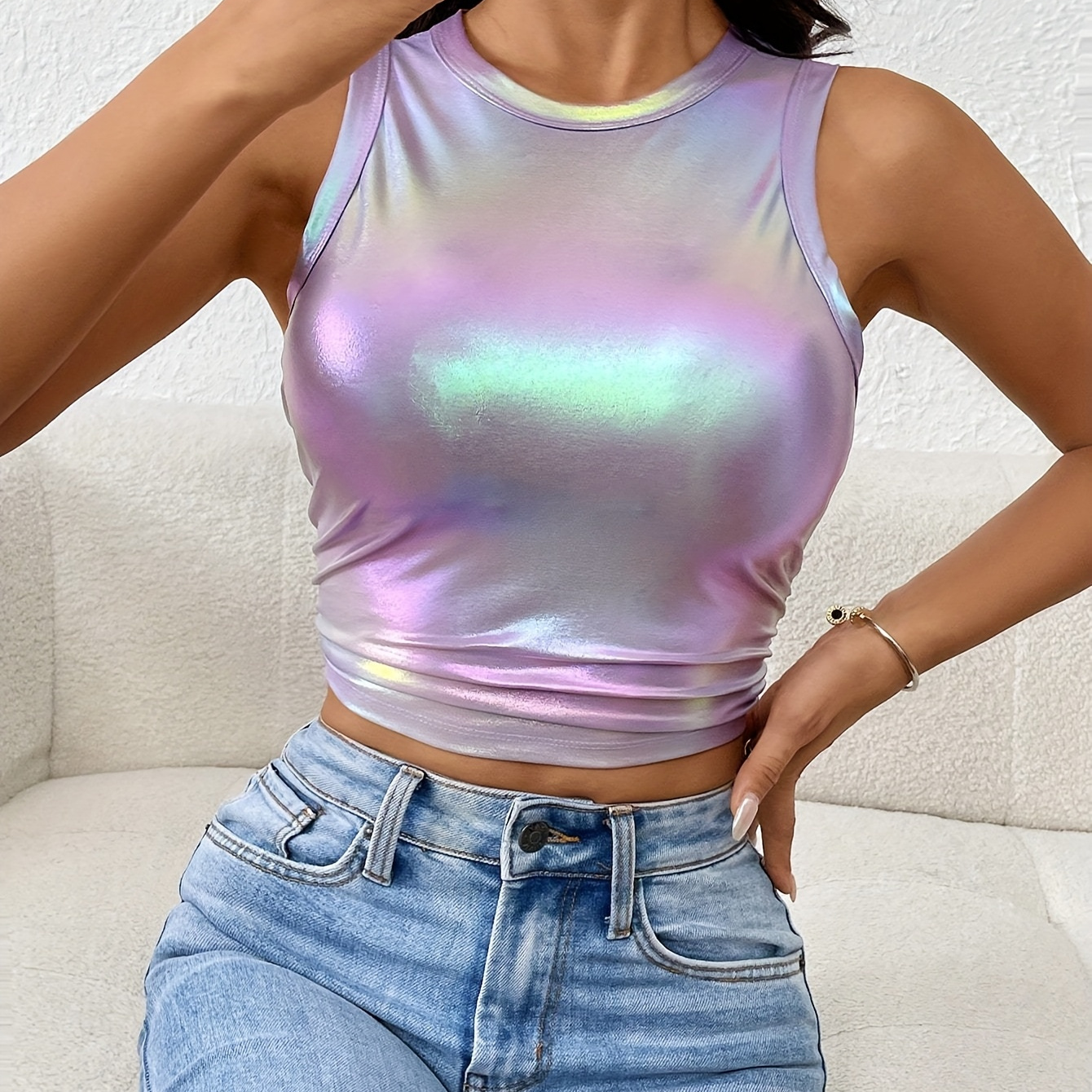 

Women' Metallic Holographic Top, Polyester 97% Spandex 3% Knit Fabric, Crew Neck Sleeveless Pullover Vest For All