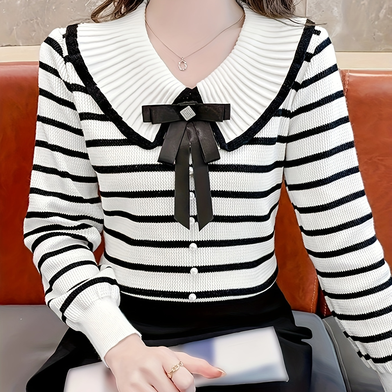 

Bowknot Decor Striped Doll , Long Sleeve For Fall & , Women's Clothing