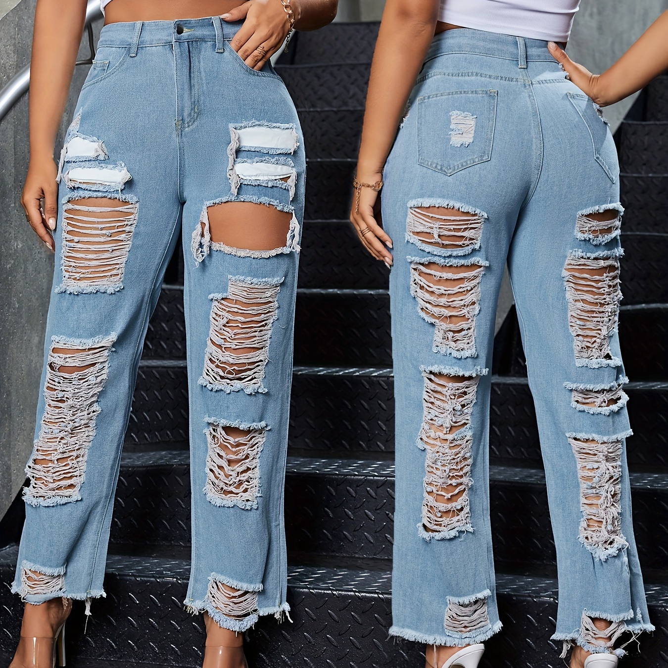 

Blue Ripped Holes Straight Jeans, Distressed Slant Pockets Non-stretch Denim Pants, Women's Denim Jeans & Clothing