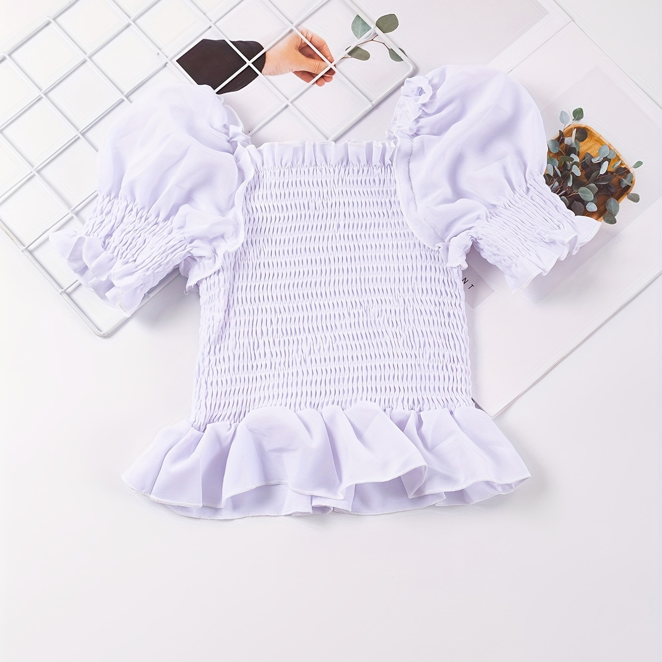 

Girls Smart Bubble Sleeved Square Neck Shirred Blouse Top For Kids Summer