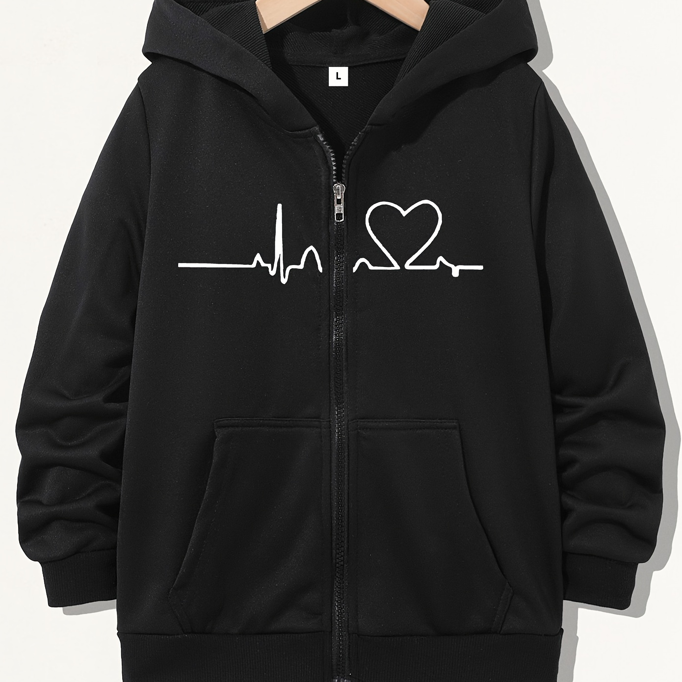 

Women's Heartbeat Graphic Zip-up Hoodie - Casual Long Sleeve Jacket With Pockets, Stretchy Polyester Knit, Machine Washable, Wear