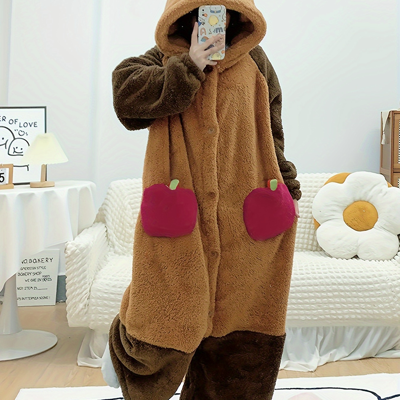 

Cute Raccoon Hooded Fleece Robe For Women, Cozy Winter Homewear, Plush Thickened Sleepwear With Fun Cosplay Elements, Soft Warm Loungewear