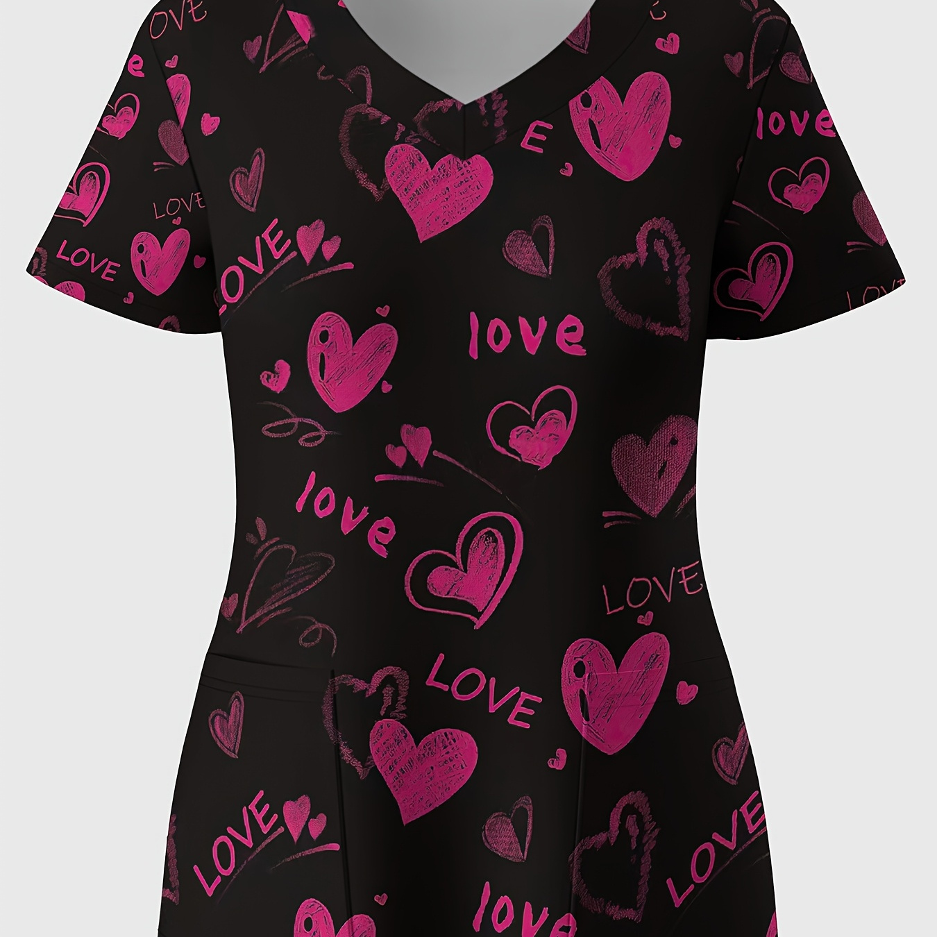 

Print V-neck Plus Size Women's Top With 3d Heart Print, Breathable Polyester Knit Fabric, Short Sleeve Summer Nurse Scrubs With Pockets