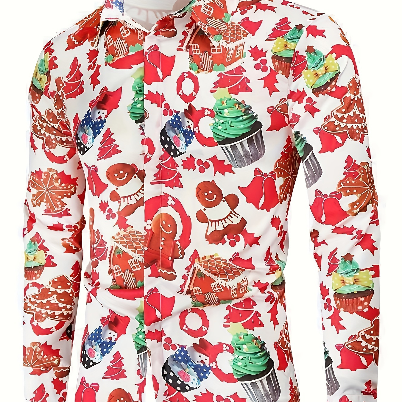 Plus Size Men's Christmas Ice Cream & Bear Print Shirt Slim Fit Long Sleeve Shirt For Fall Winter, Men's Clothing