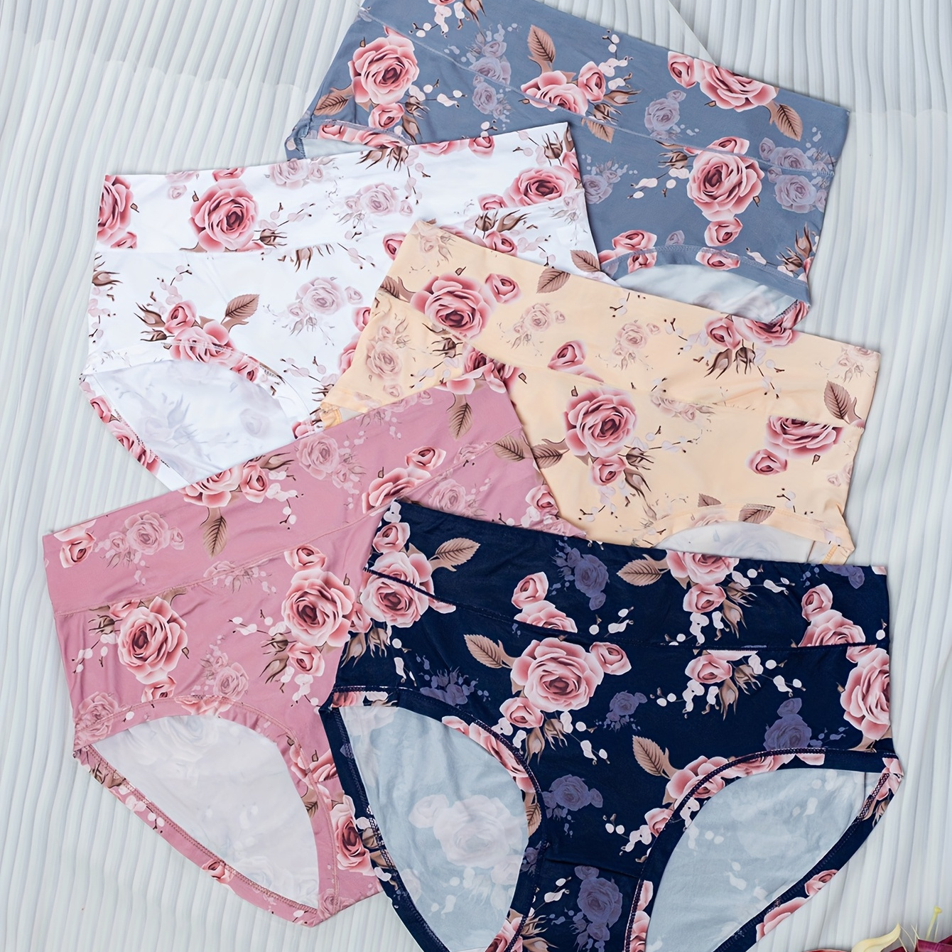 

5pcs Plus Size Elegant Panties, Women's Floral Print & Breathable Briefs