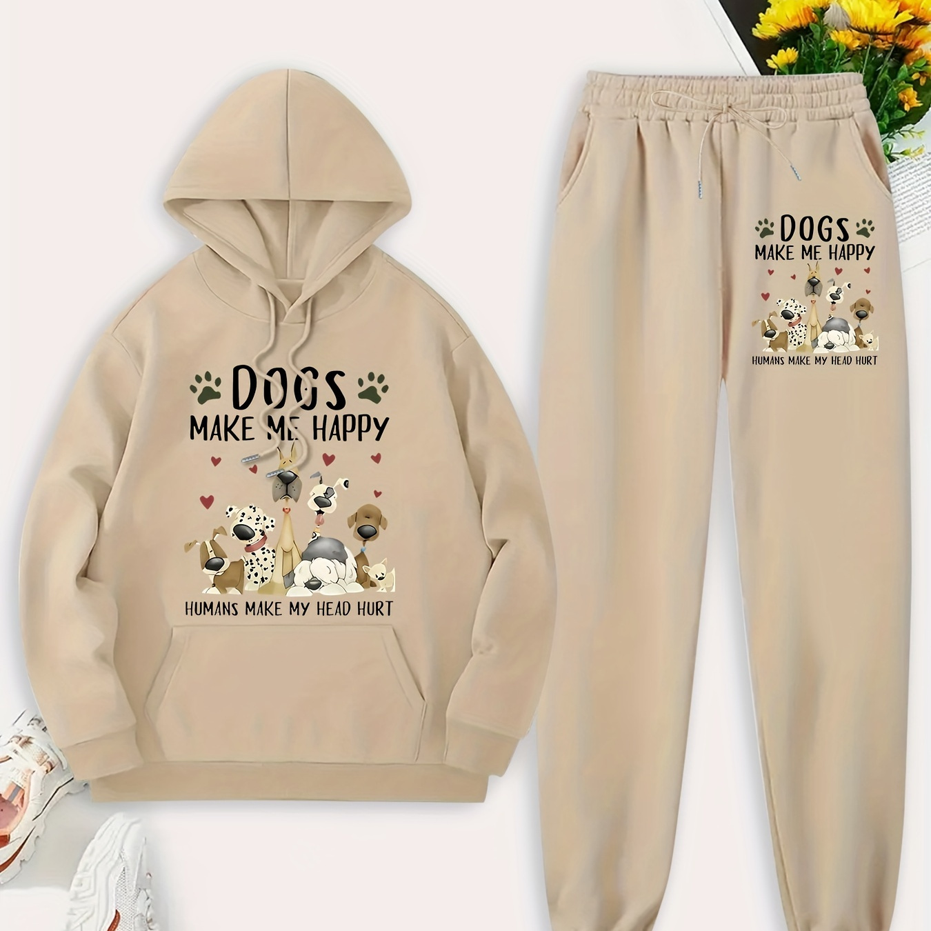 

Women's Casual Polyester Knit Dog Print Hoodie And Jogger Set With Pockets For Fall/winter - Geometric Pattern Hooded Sweatshirt With Long Sleeves And Matching Pants Set