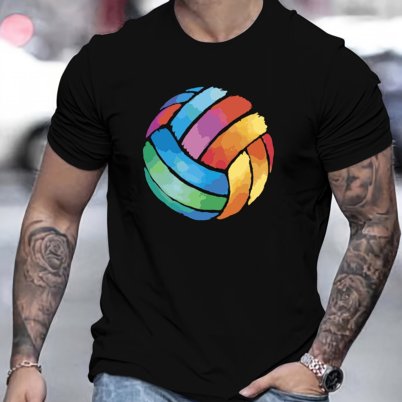 

Watercolor Volleyball Illustration Print Men's Cotton T-shirt, Casual Short Sleeve Crew Neck Top, Men's Summer Clothing