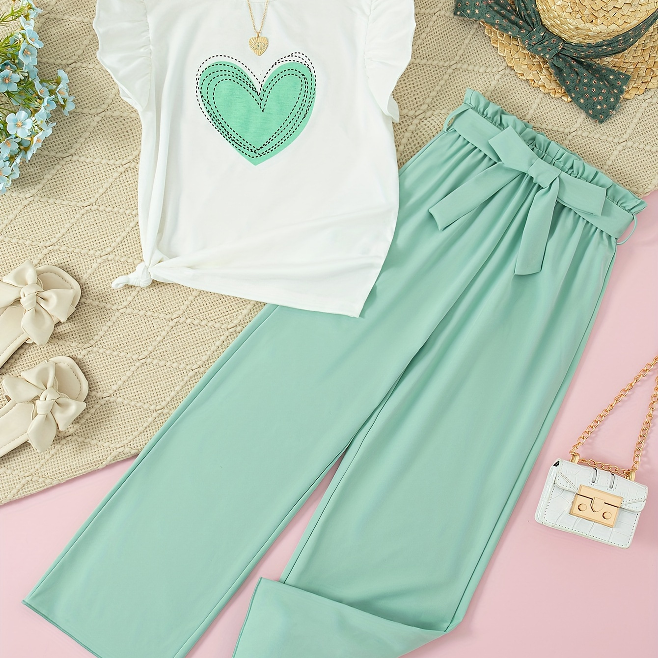 

Girl's 2pcs, Green Heart Graphic Tee + High Waist Straight Pants Set Trendy 2-piece Summer Outfit