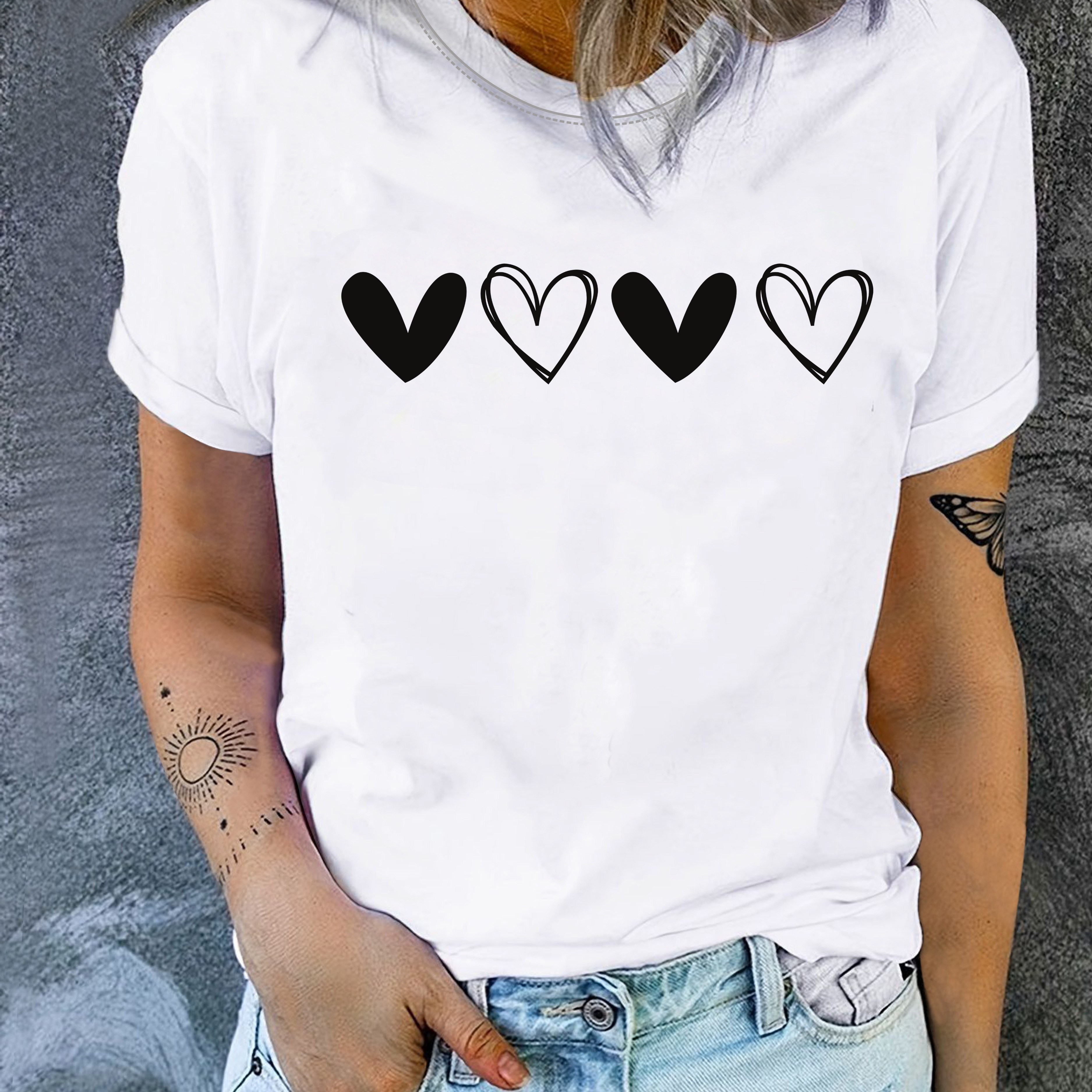 

Heart Print Crew Neck T-shirt, Casual Short Sleeve T-shirt For Spring & Summer, Women's Clothing