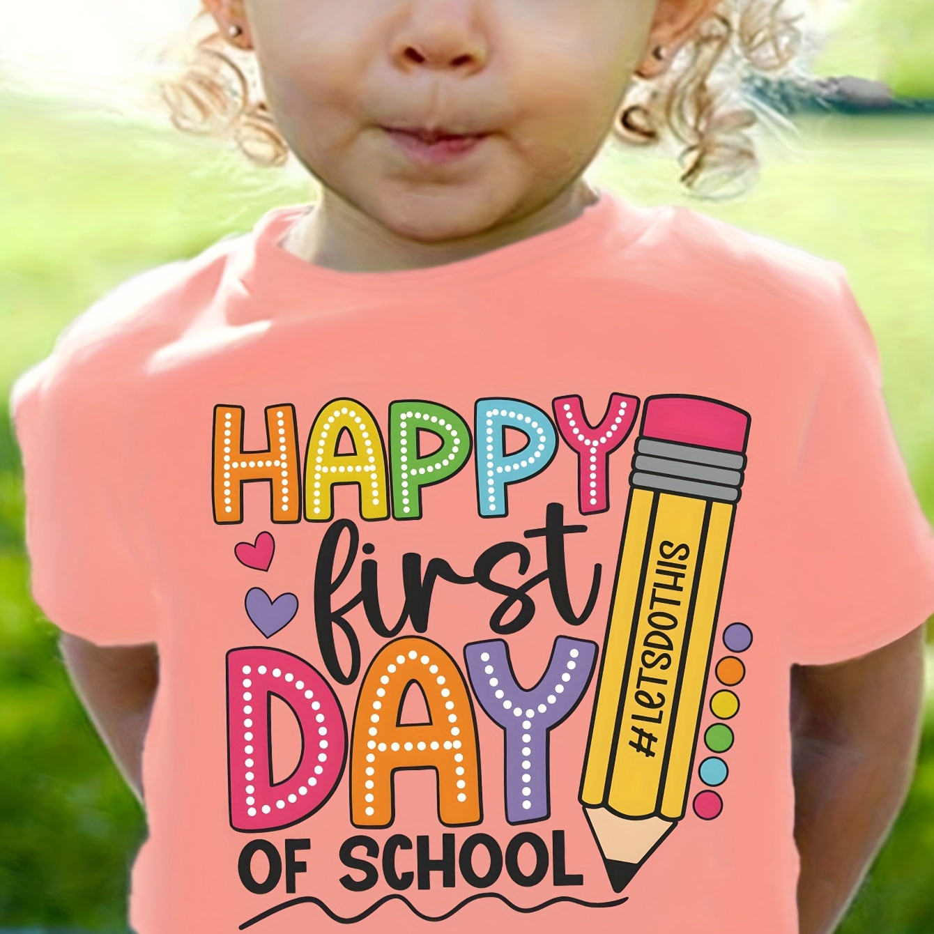 

Happy First Day Of School Graphic Print Creative T-shirts For Girl, Soft & Elastic Comfy Crew Neck Short Sleeve Tee, Kid's Summer Tops