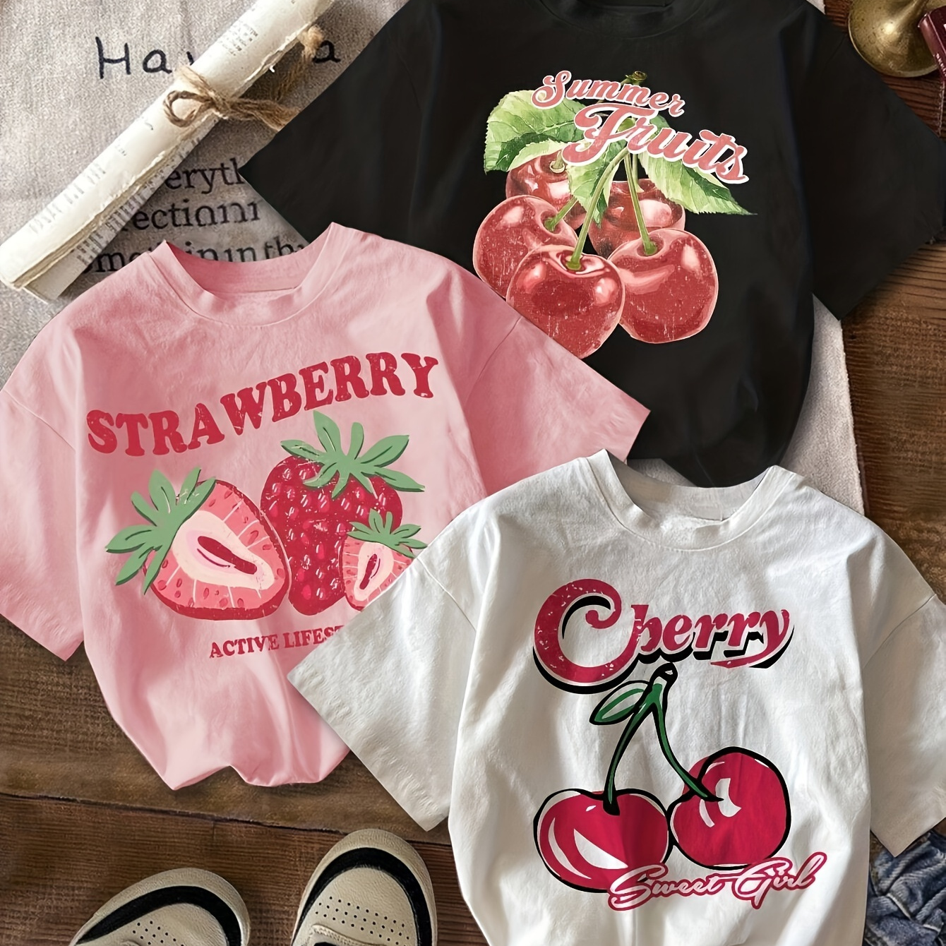 

3pcs Set Women's Casual T-shirts, Polyester, Round Neck, Short Sleeve, Fitted Cropped, Fruit & , All , Knit Fabric