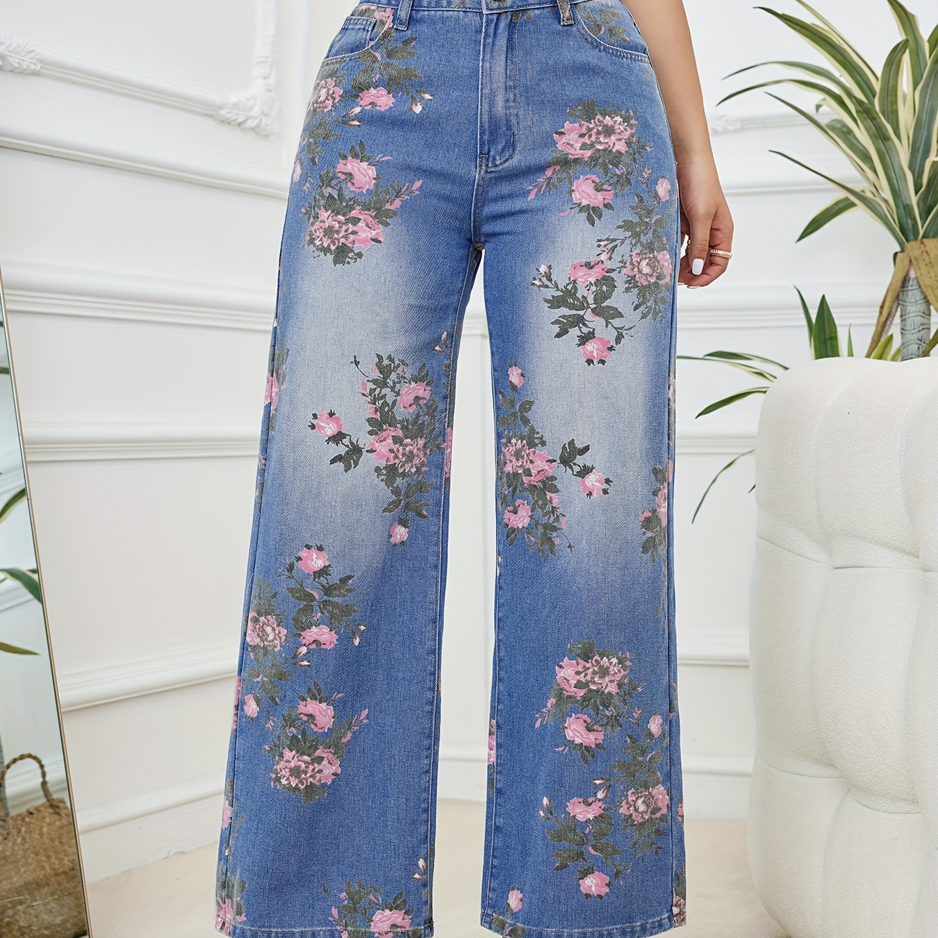 

Jean Large À Jambe Large De Style Vintage Avec Poches Fendues, Imprimé Floral Et Coupe Ample Élégante, Vêtements En Jean Pour Femmes