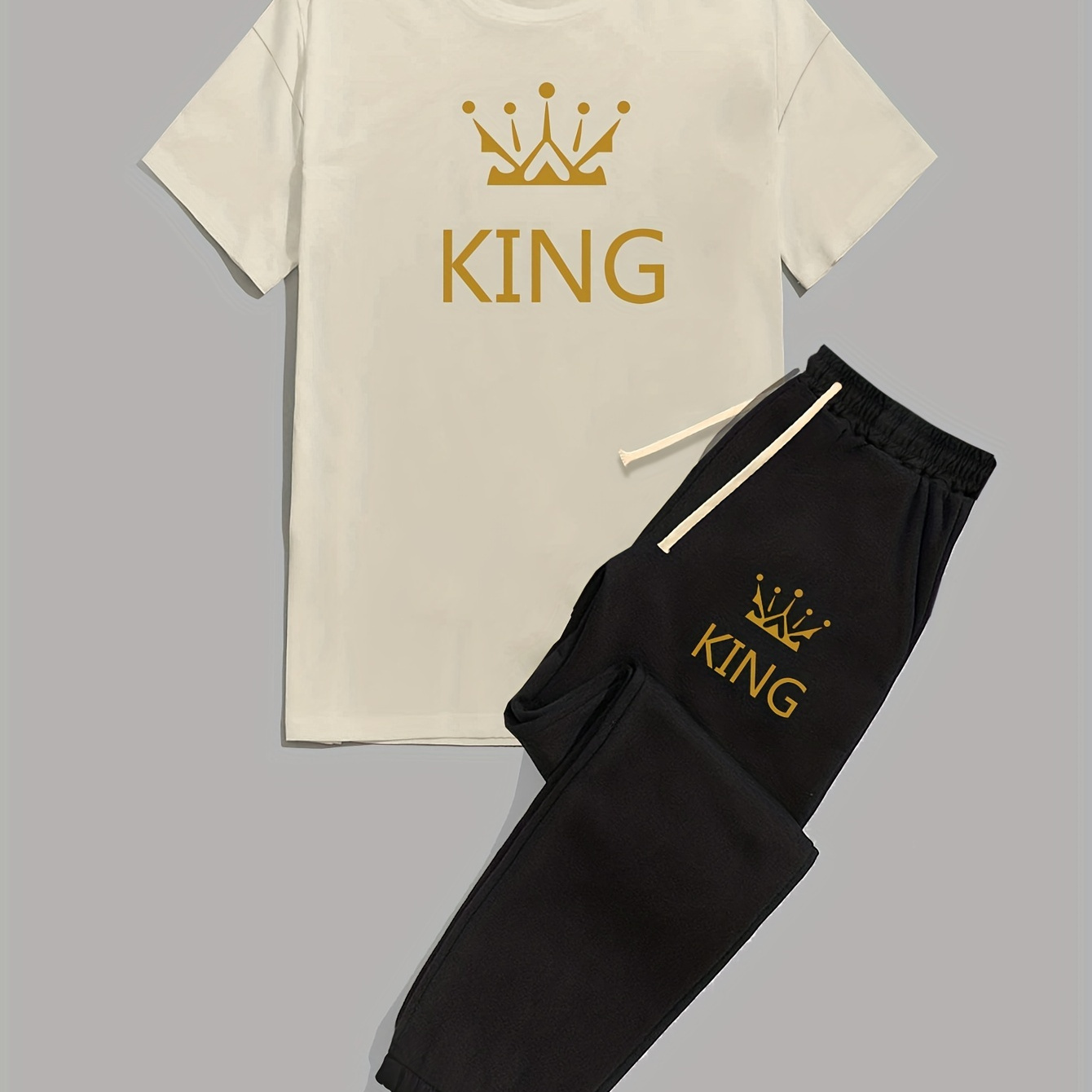 

''king'' Crown Print, Men's 2pcs, Casual T-shirt And Loose Drawstring Jogger Pants For Summer