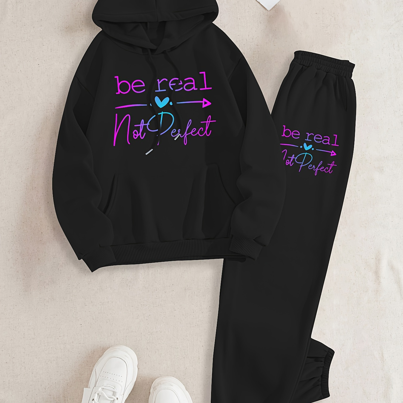 

Women's Casual Hooded Tracksuit Set With Geometric Lettering - Polyester Knit Fabric, Hoodie And Joggers With Pockets, , Fall/