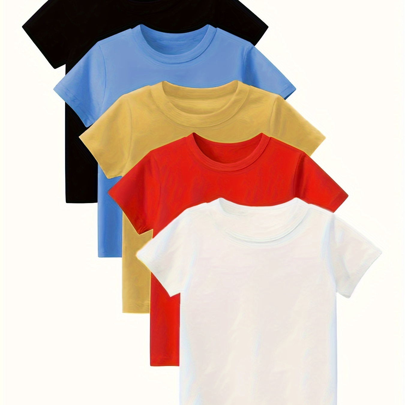 

5pcs Stylish Solid Color Crew Neck T-shirt, Tees For Boys, Casual Short Sleeve T-shirt For Summer Spring Fall