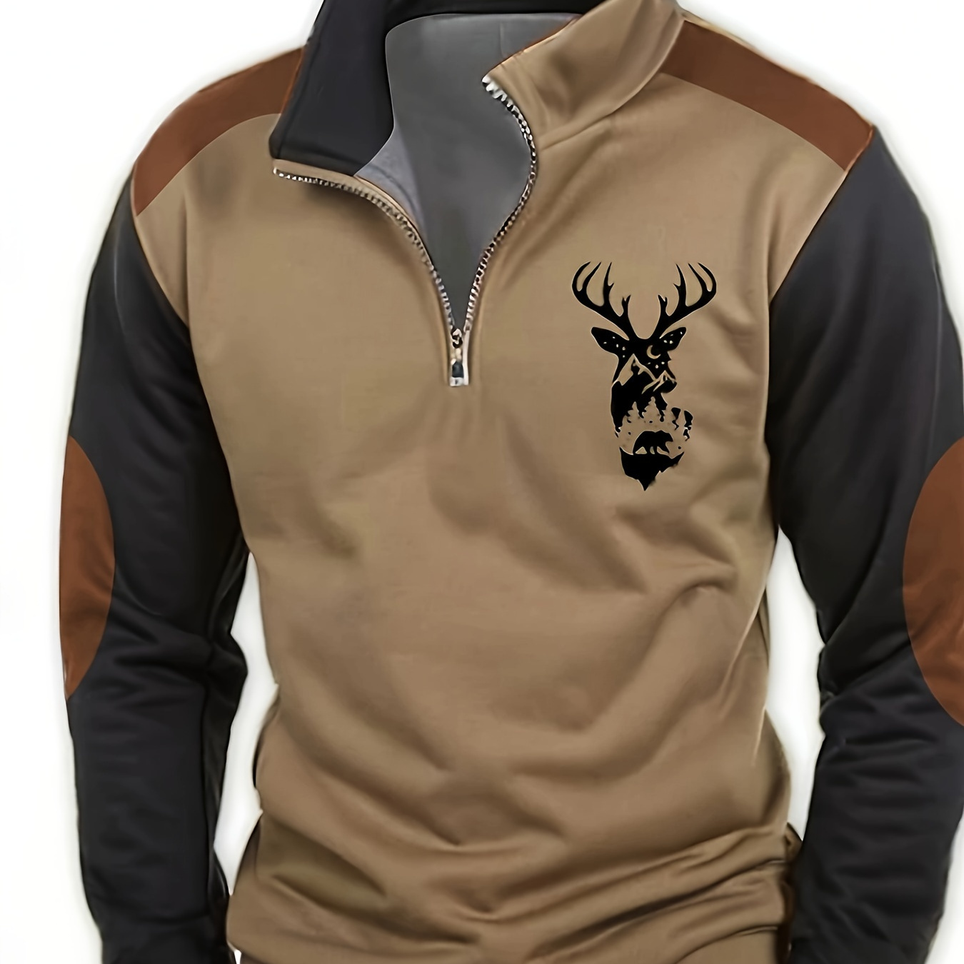 

1pc Men's Casual Polyester Knit Polo Shirt With Reindeer - Long Sleeve Stand Collar - Solid - Non-stretch Fabric - Regular Fit For Fall/winter