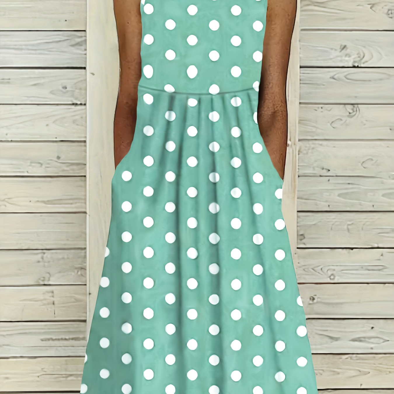 

Polka Dot Crew Neck Tank Dress, Casual Sleeveless Pocket Dress For Spring & Summer, Women's Clothing