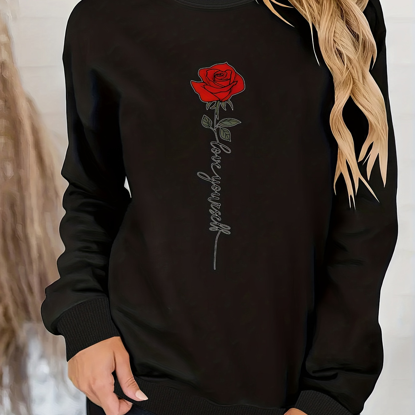 

Love Yourself & Rose Print Sweatshirt, Casual Long Sleeve Crew Neck Sweatshirt, Women's Clothing