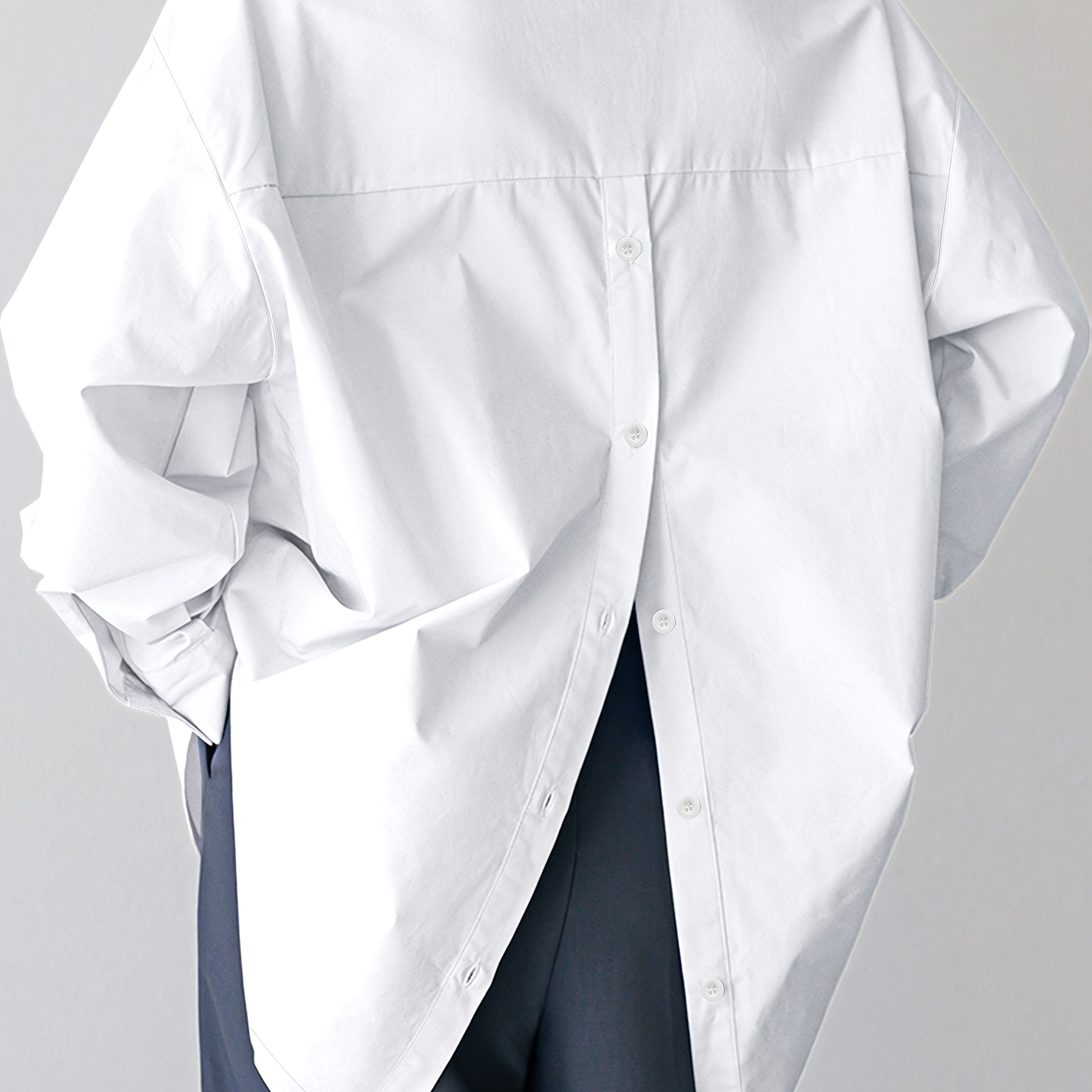 

Chic White Long-sleeve Shirt For Women - Casual, With Back Slit & Single-breasted Design, Machine Washable