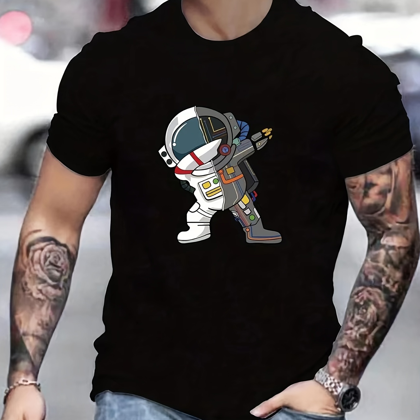 

Astronaut In Victory Pose Print T Shirt, Tees For Men, Casual Short Sleeve Tshirt For Summer Spring Fall, Tops As Gifts