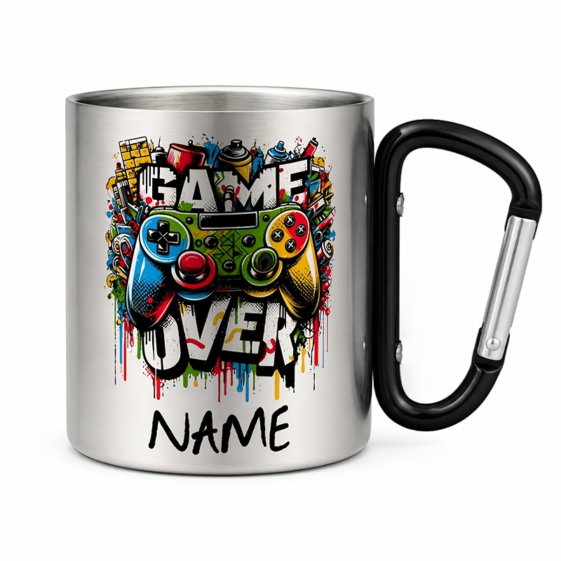 TEMU Personalized Gaming Controller Themed 10oz Stainless Steel Mug And Camping Coffee Mug With Carabiner Handle - 4 Color Options, Game Over Text,