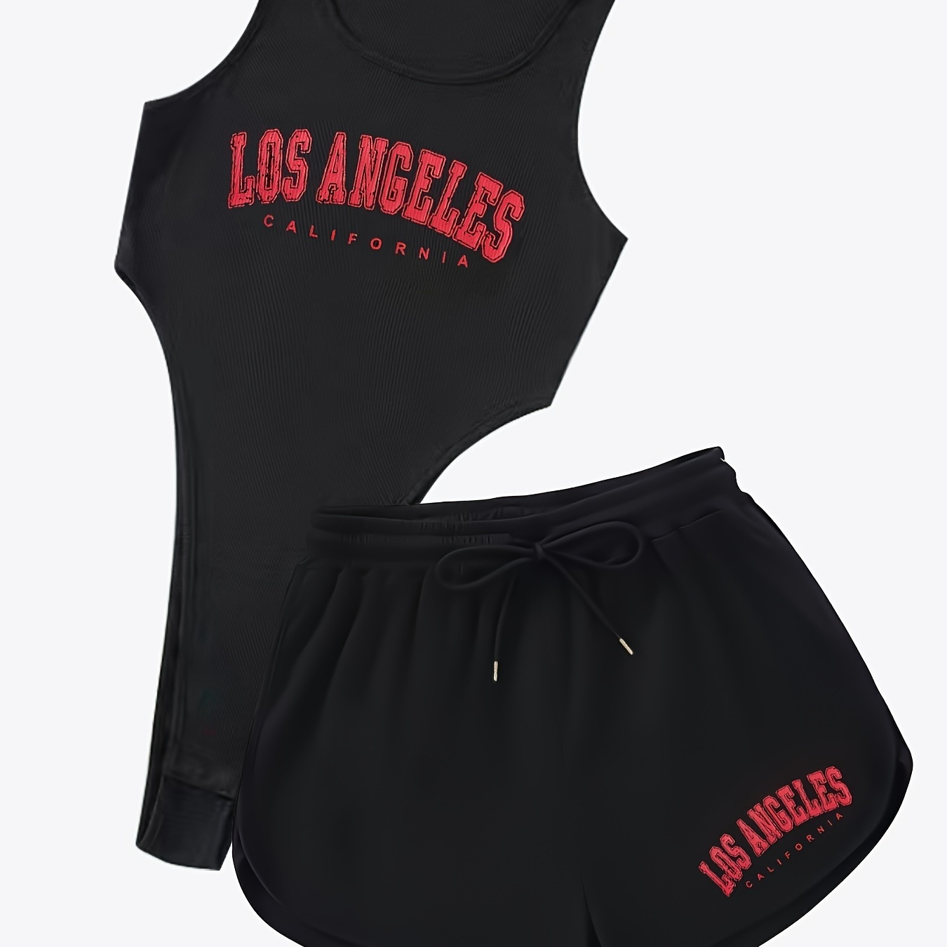

Los Angeles Print Summer Casual Two-piece Set, Crew Neck Sleeveless Tank Bodysuit & Drawstring Shorts Outfits, Women's Clothing