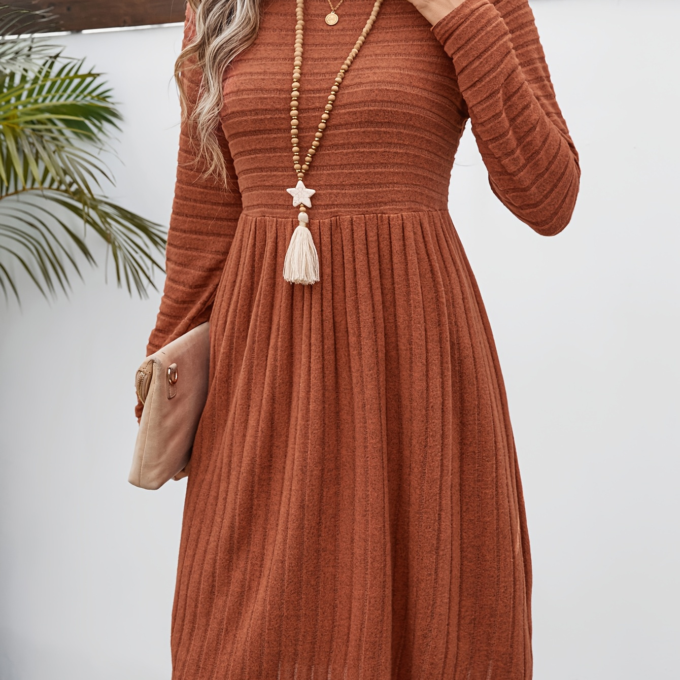 

Elegant Women's Long Sleeve Dress - Ribbed Knit, Crew Neck, Solid Color, Machine Washable - Fall/winter