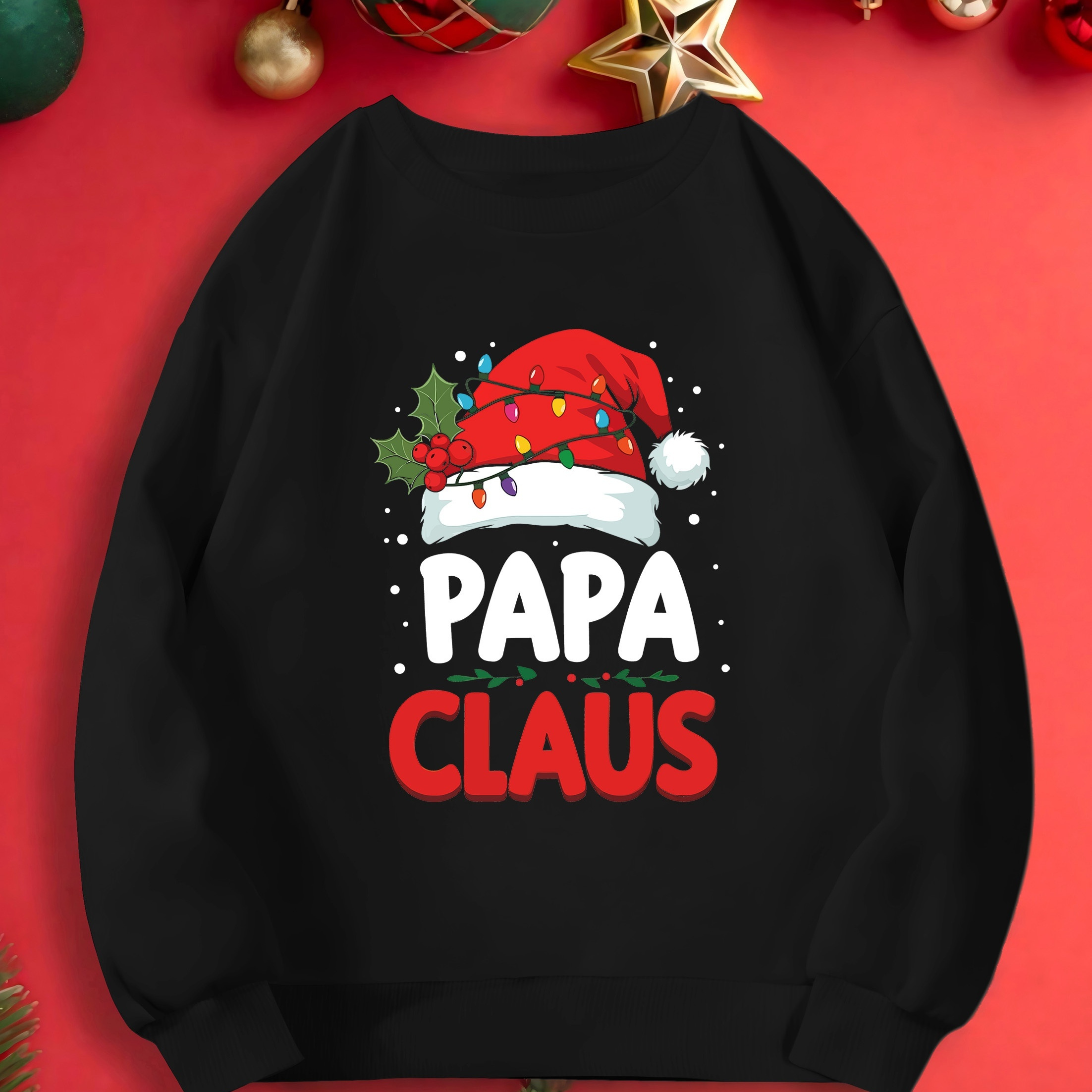 

Men's Festive "papa Claus" Graphic Print Sweatshirt - 100% Polyester, Casual Crew Neck, Knitted Fabric, Holiday Pattern, Long Sleeve Pullover For Fall/winter