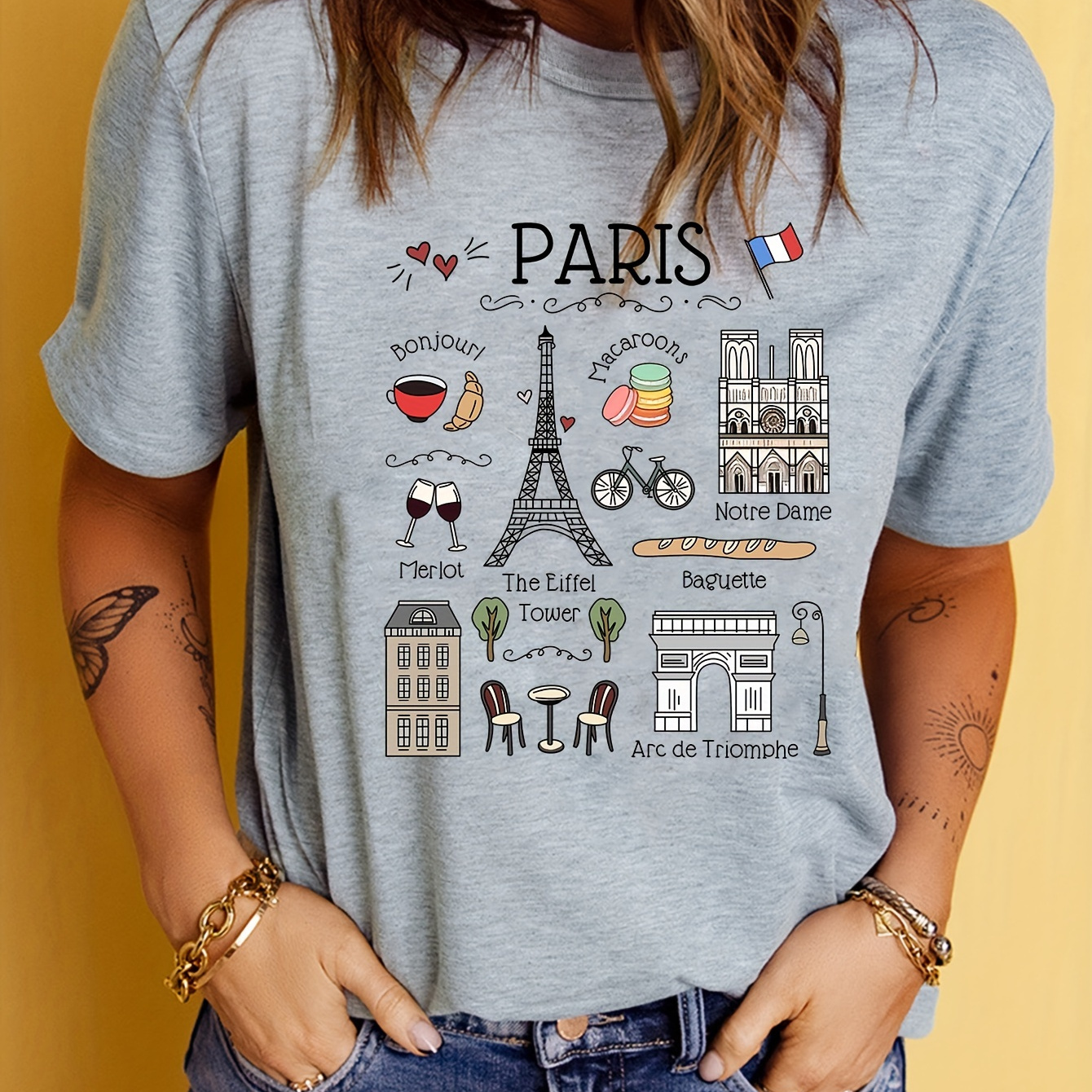 

Tower Print T-shirt, Short Sleeve Crew Neck Casual Top For Summer & Spring, Women's Clothing