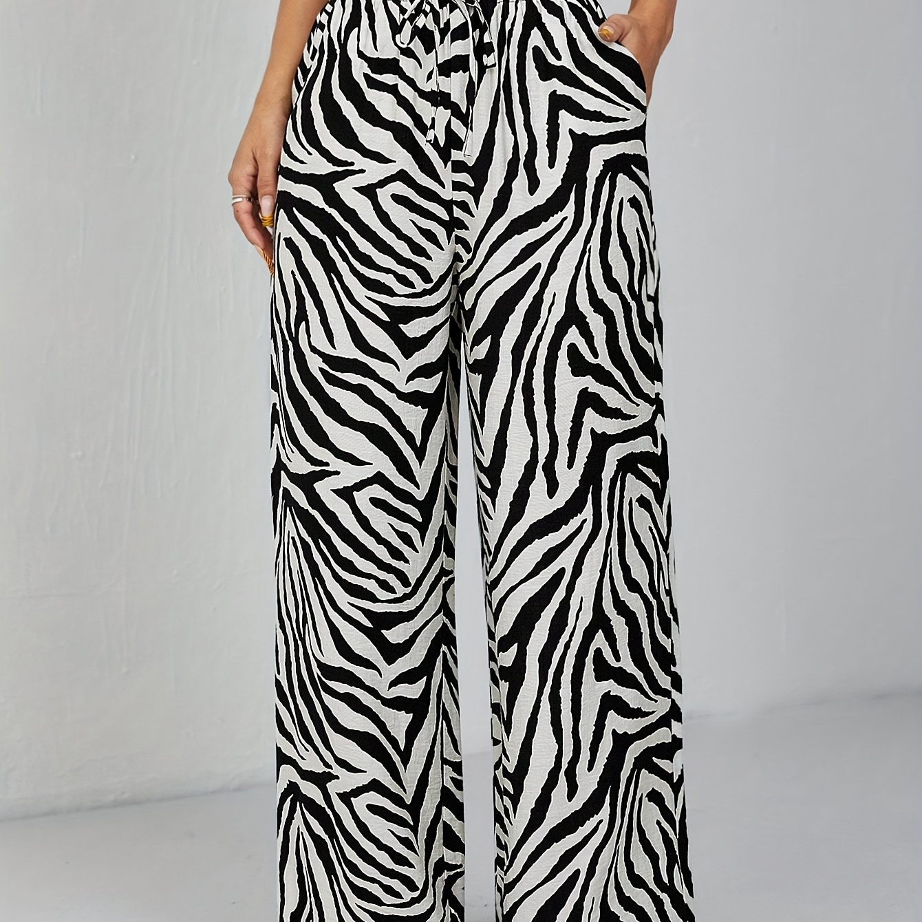 

1pc Elegant Zebra Print Wide Leg Pants For Women, Polyester, Fashion, Adult Fit, Woven Fabric