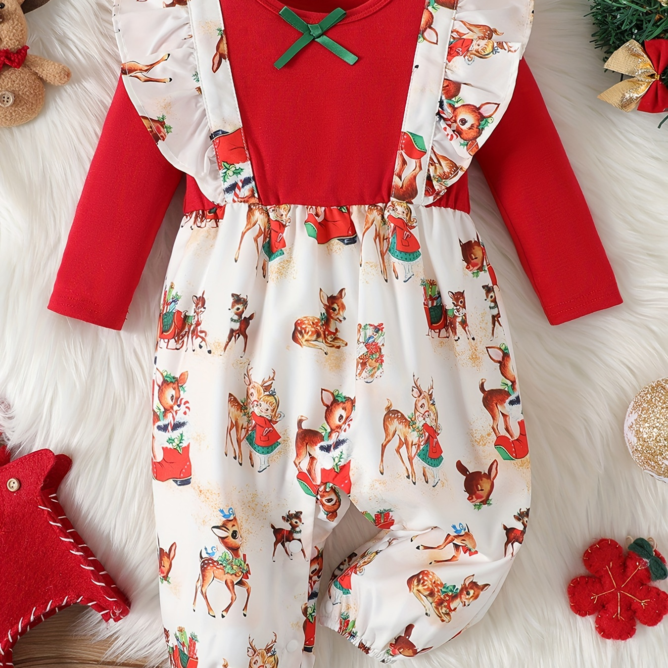 

Patpat Christmas Baby Girl Allover Reindeer Print Ruffle Trim Spliced Red Crew Neck Round Neck Long*sleeve Jumpsuit For Spring & Autumn/fall & Winter