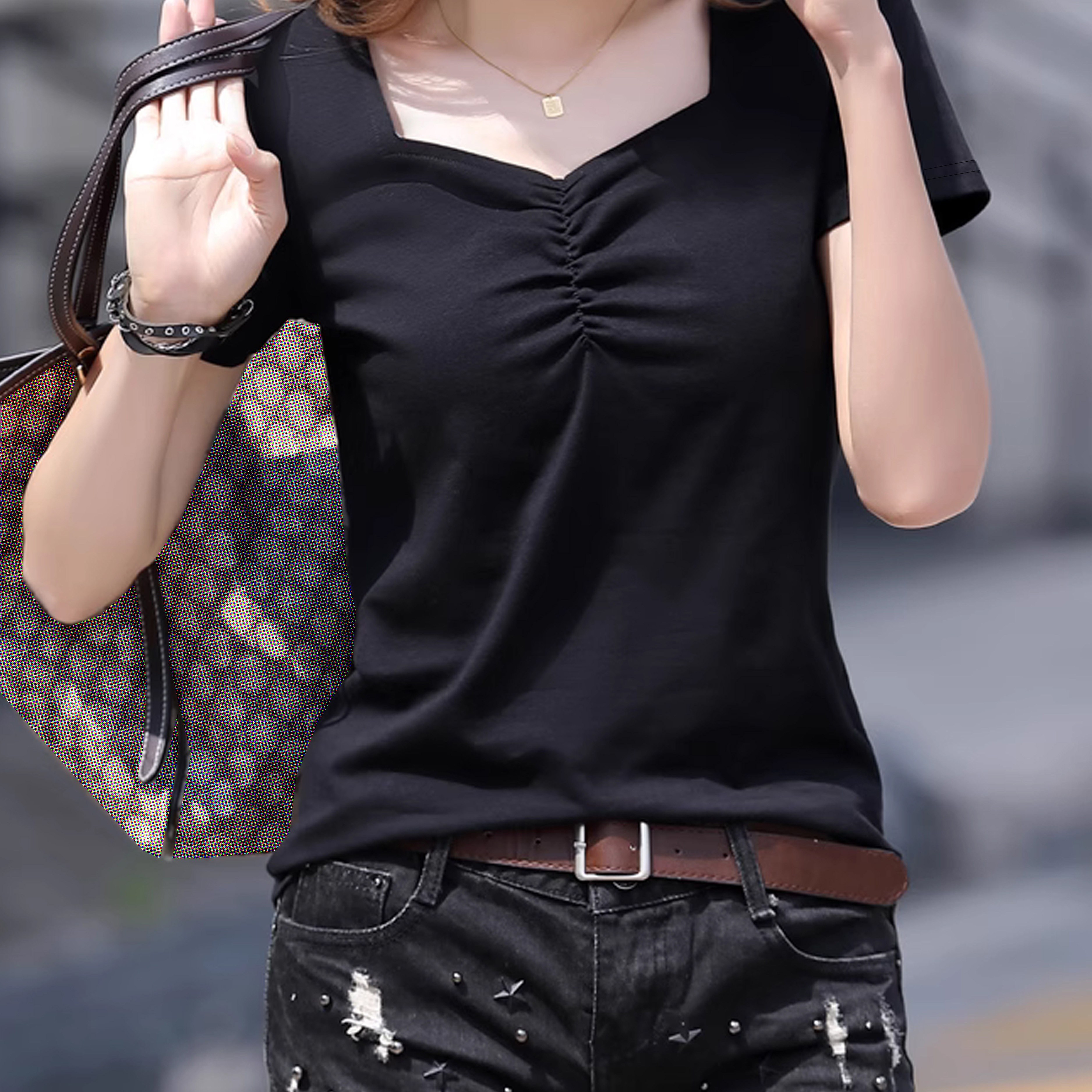 

Solid Color Ruched T-shirt, Casual Short Sleeve T-shirt For Spring & Summer, Women's Clothing