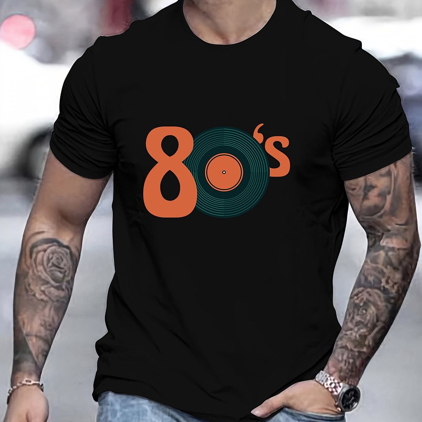 

80's Record Print Short Sleeve Tees For Men, Casual Crew Neck T-shirt, Comfortable Breathable T-shirt