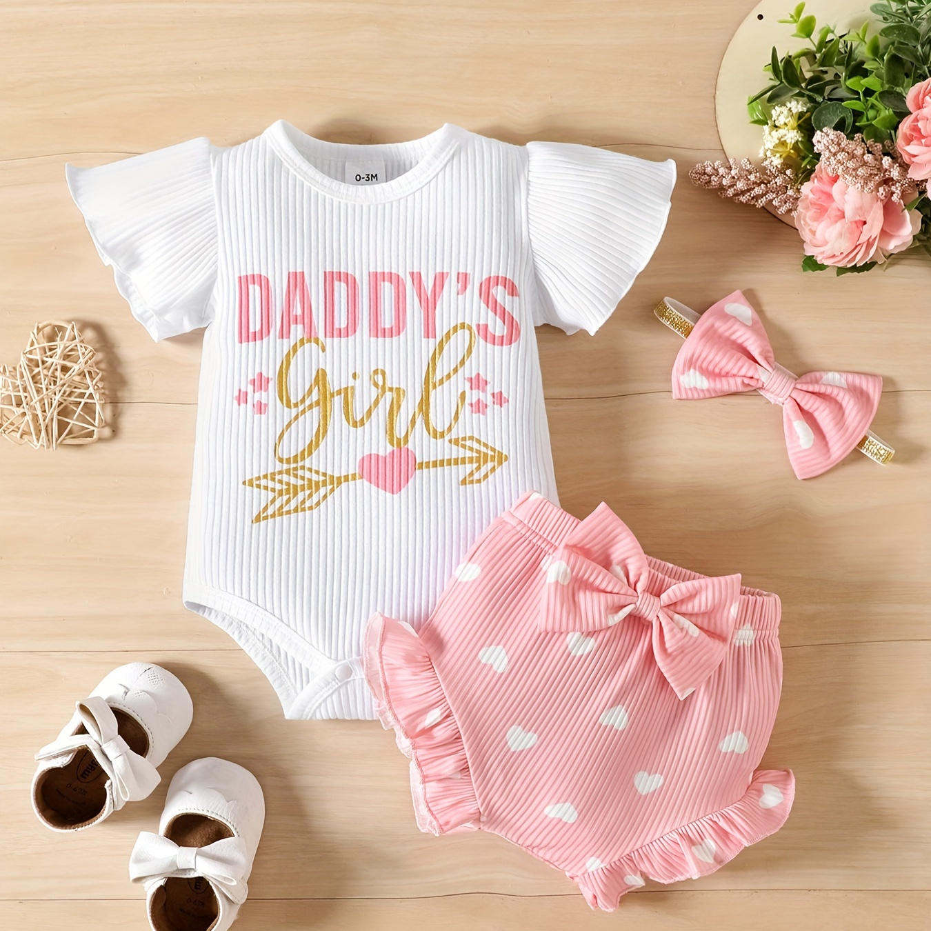 

Baby Girl's Cotton Casual 2 Pieces Set, Daddy's Girl Letter Printed Striped Romper + Short Pants