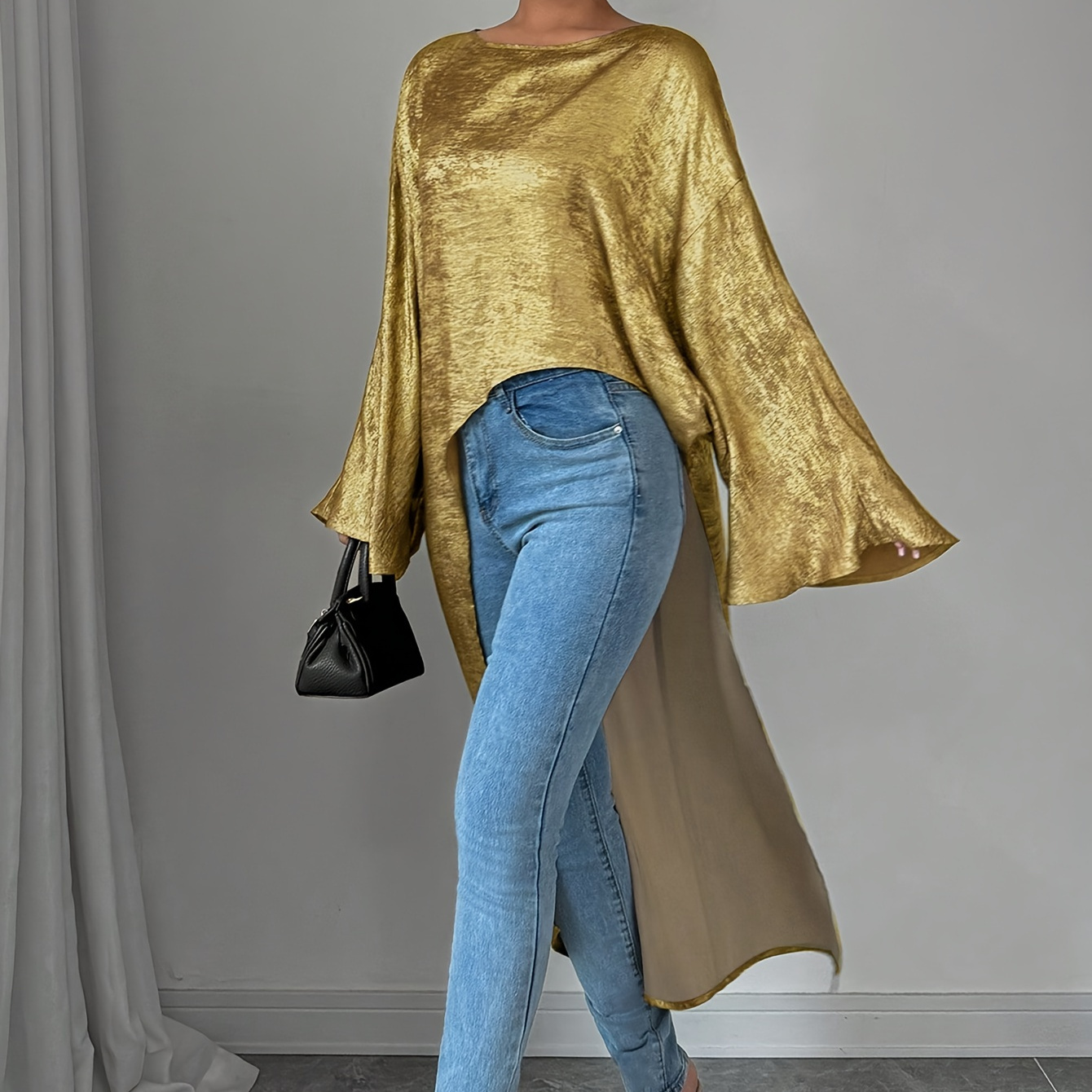 

Elegant Golden-tone Long Sleeve Blouse For Women - Polyester, Machine Washable, Semi-sheer Round Neck Shirt