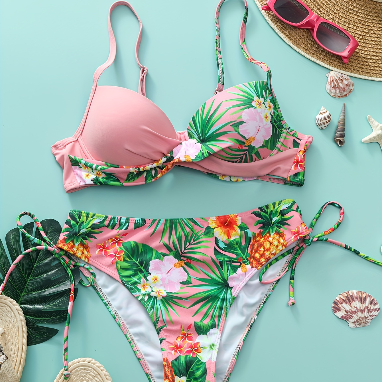 

Tropical Print 2 Piece Set Bikini, V Neck High Cut Tie Side Swimsuits, Women's Swimwear & Clothing