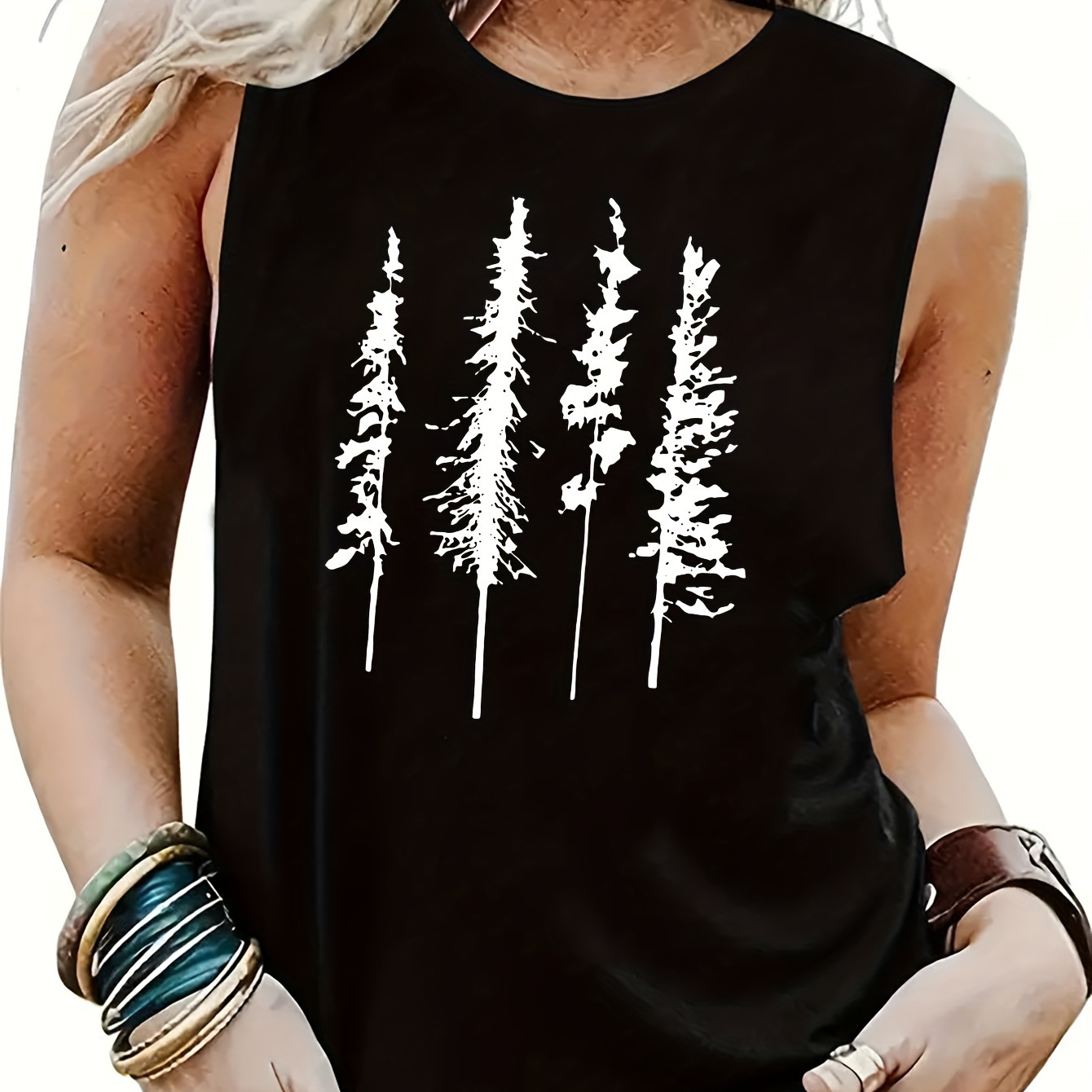 

Women's Casual Sleeveless Tank Top, Fashion Sport Vest Top, Black With White Pine Tree Print, Round Neck, Soft And Comfortable Fit