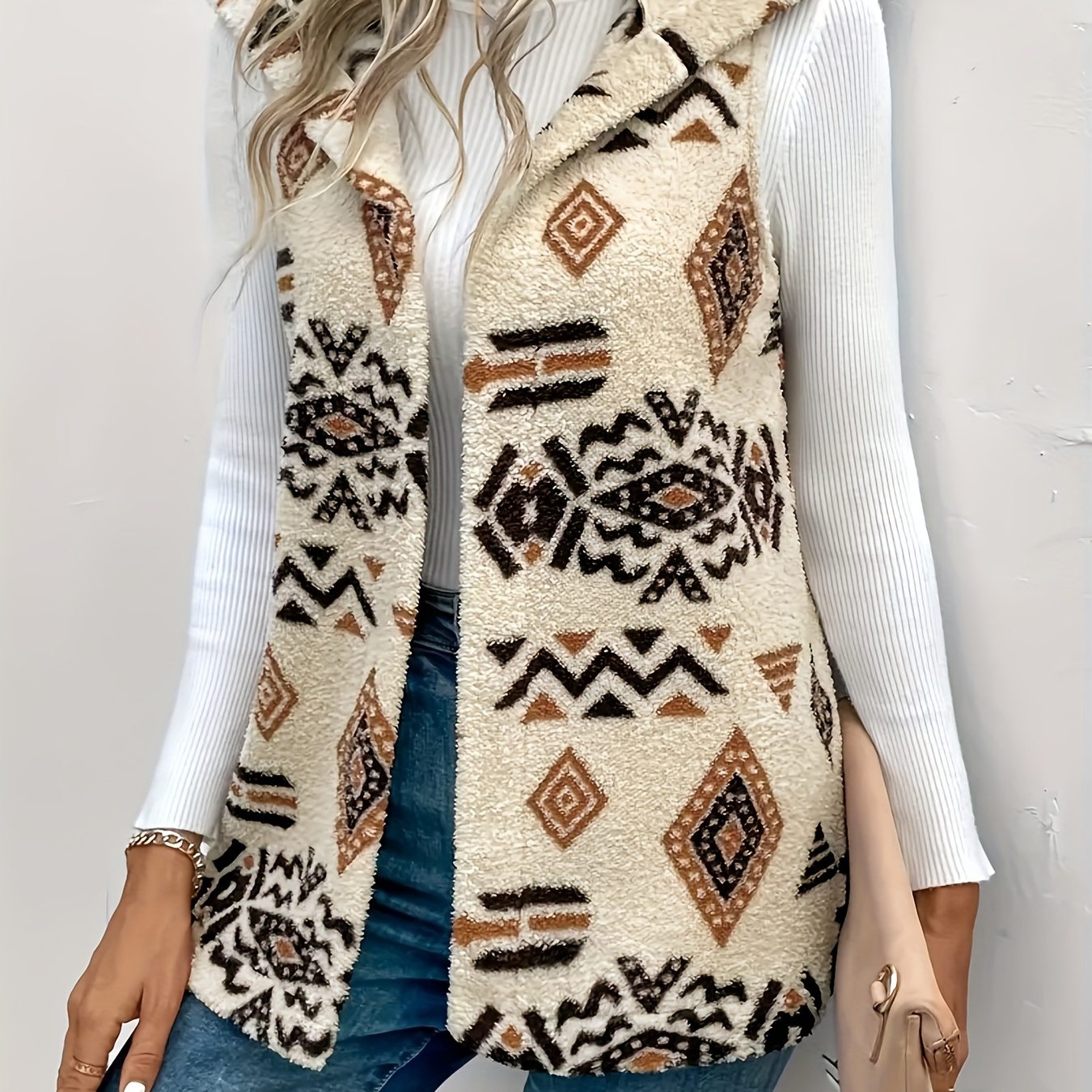 

Women's Ethnic Print Hooded Vest, Casual Polyester Knit Cardigan, Open Front, Autumn/, Adult Outerwear