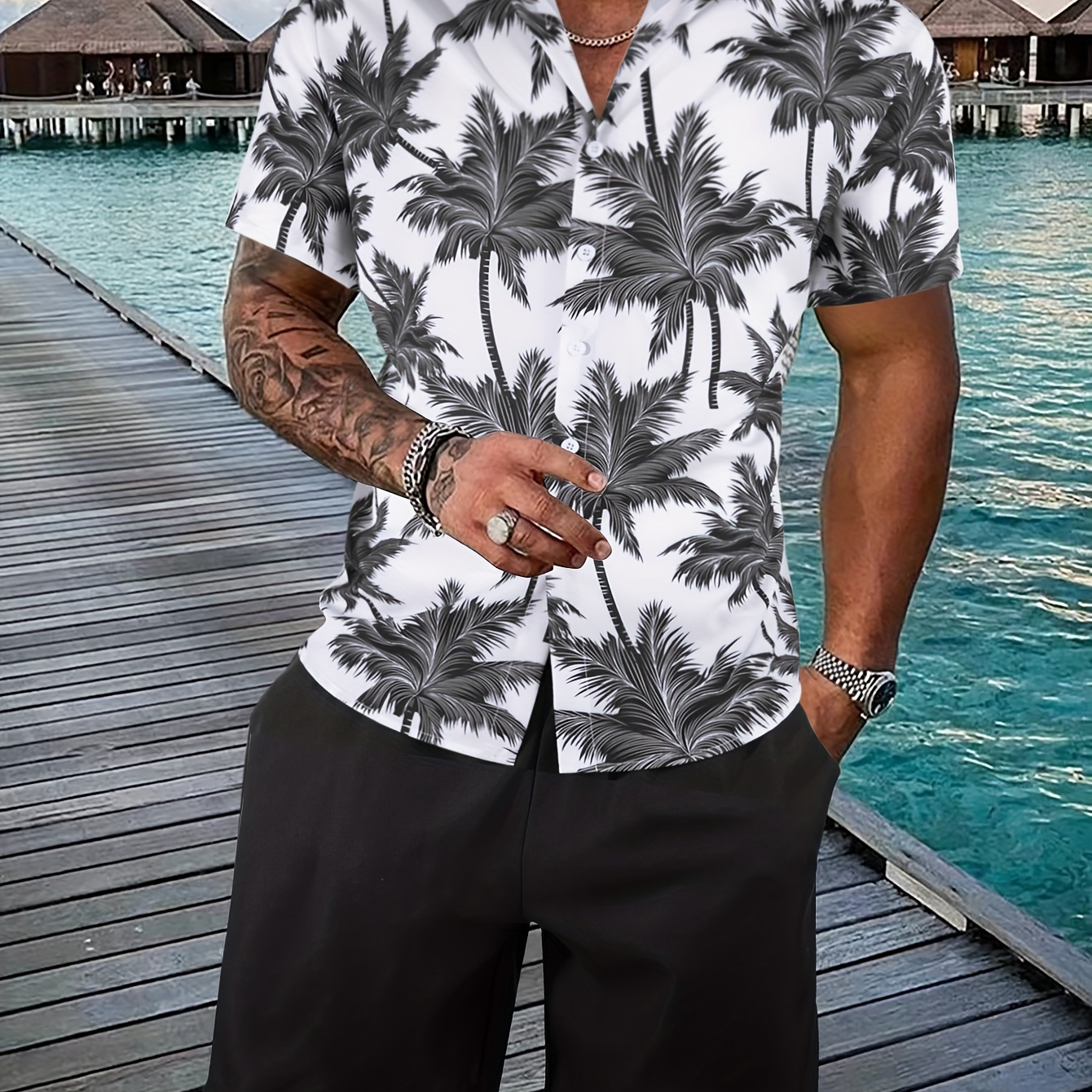 

Men's Two-piece Outfits, Coconut Tree Print Button Up Shirt And Drawstring Plain Shorts, Casual Loose Clothing For Summer
