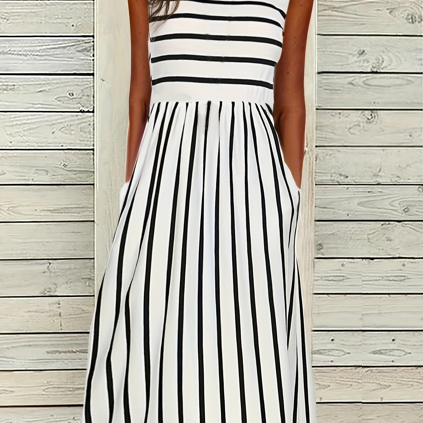 

Plus Size Colorblock Stripe Print Tank Dress, Casual Crew Neck Sleeveless Midi Dress, Women's Plus Size Clothing