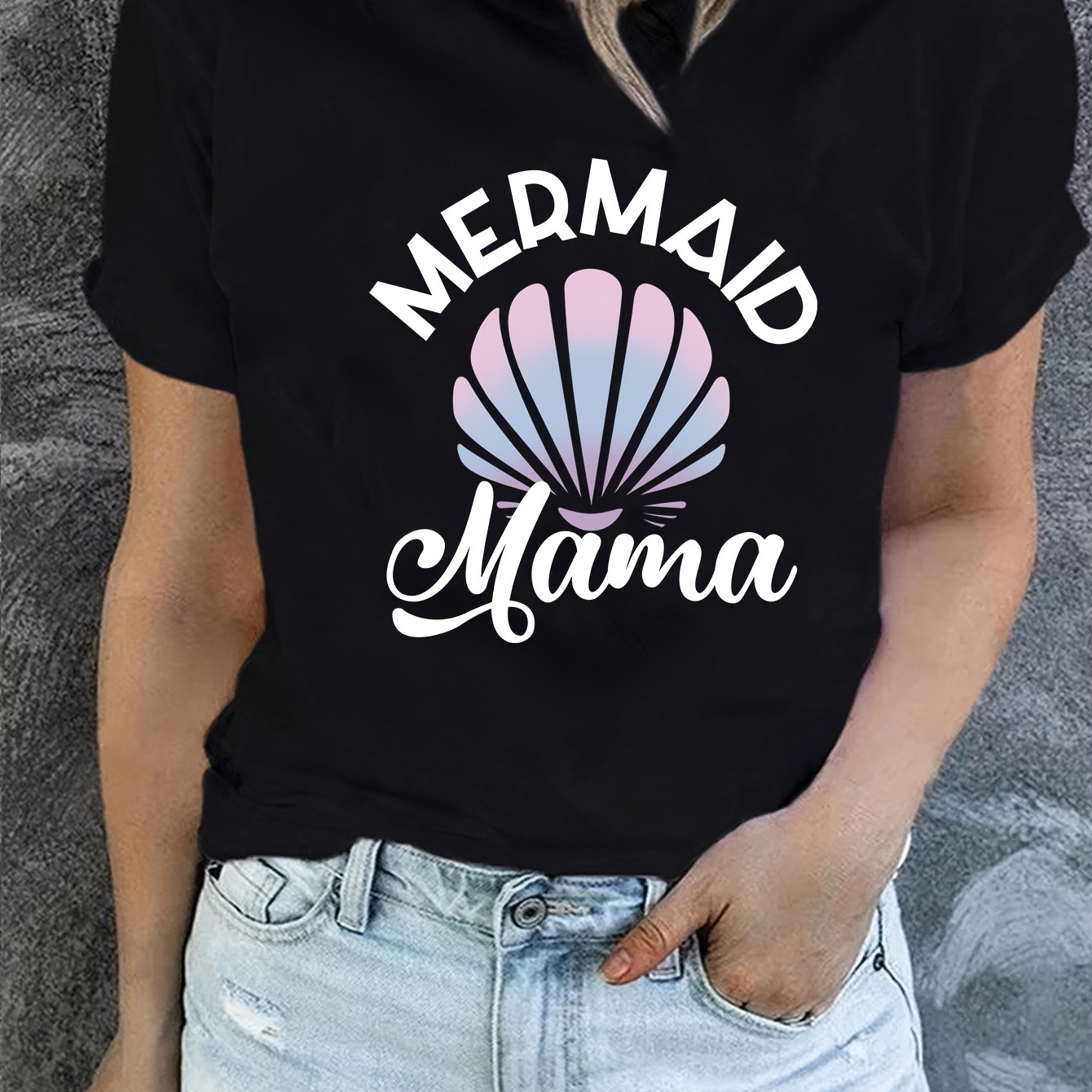 

Mermaid Mama Seashell Print T-shirt, Short Sleeve Crew Neck Casual Top For Summer & Spring, Women's Clothing