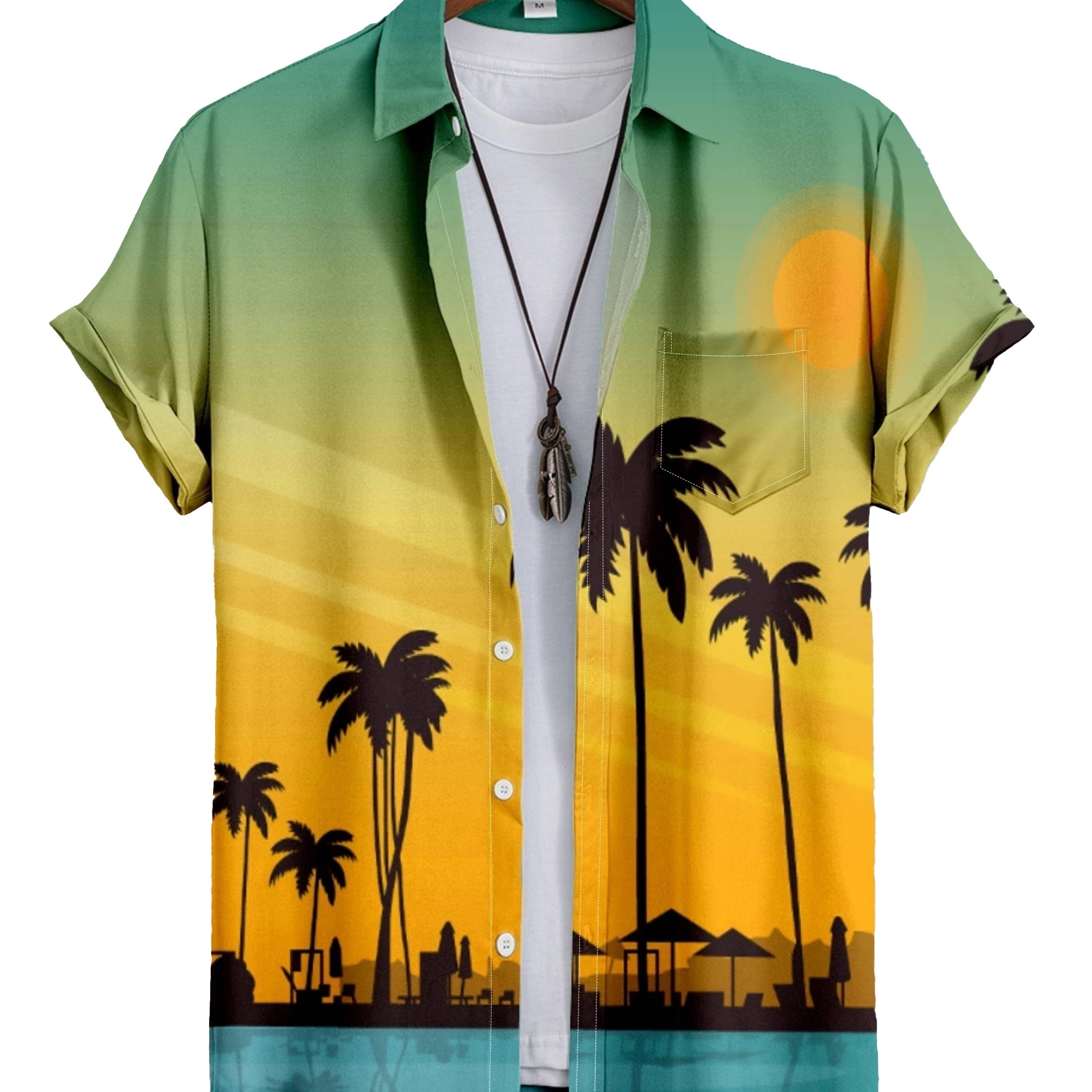 2022 Summer New Men's Hawaiian Coconut Tree Printed Yellow Lapel Shirt Best Sellers