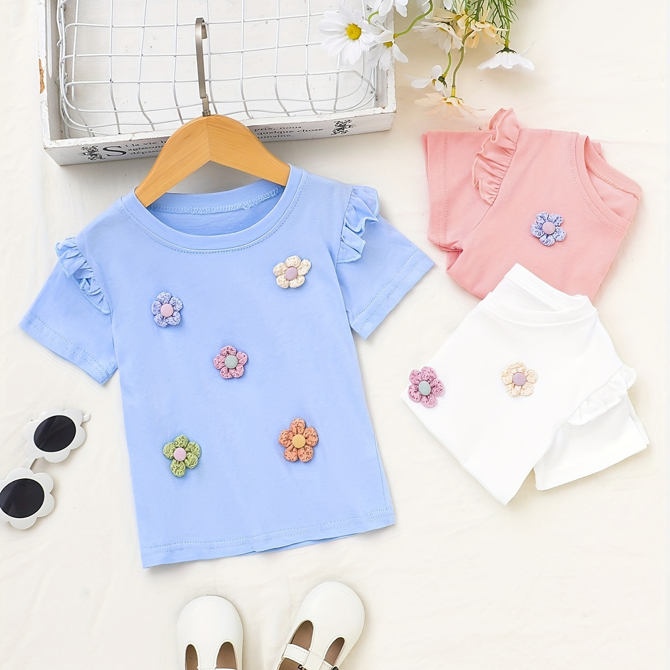 

Girls Frill Trims Flowers Decor Short Sleeve T-shirt Comfort Fit Casual Crew Neck Summer Tee Tops Cute Kids Clothes