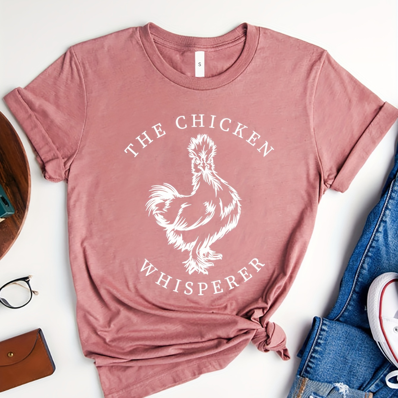 

Chicken Whisperer Print T-shirt, Short Sleeve Crew Neck Casual Top For Summer & Spring, Women's Clothing