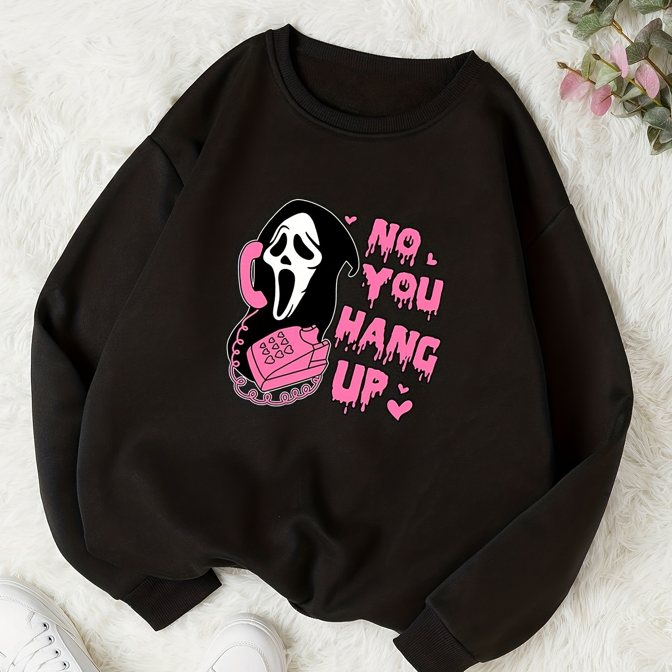 

No You Hang Up Print Sweatshirt, Halloween Long Sleeve Crew Neck Casual Sweatshirt For Fall & Winter, Women's Clothing