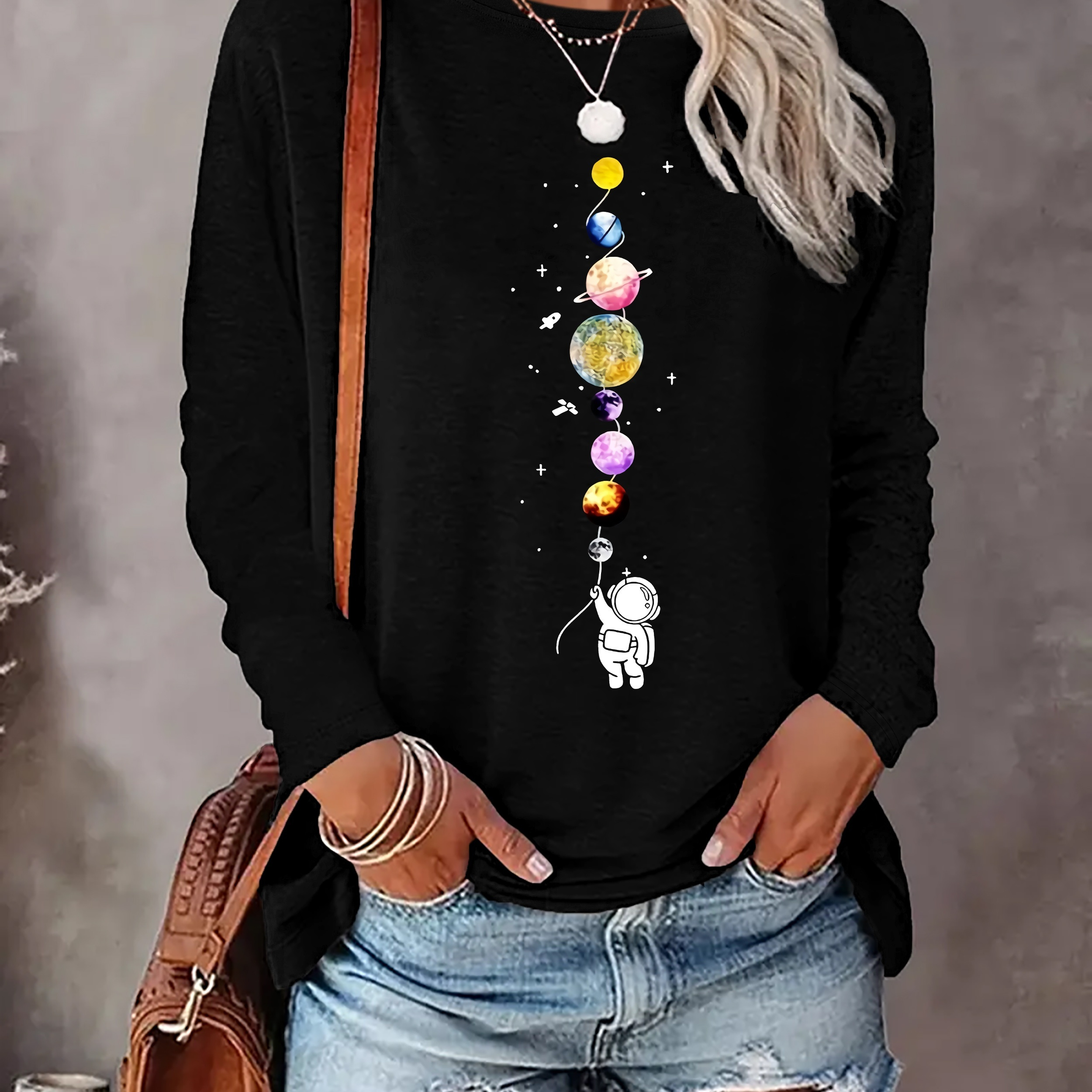 

Astronaut Print T-shirt, Long Sleeve Crew Neck Casual Top For Spring & Fall, Women's Clothing