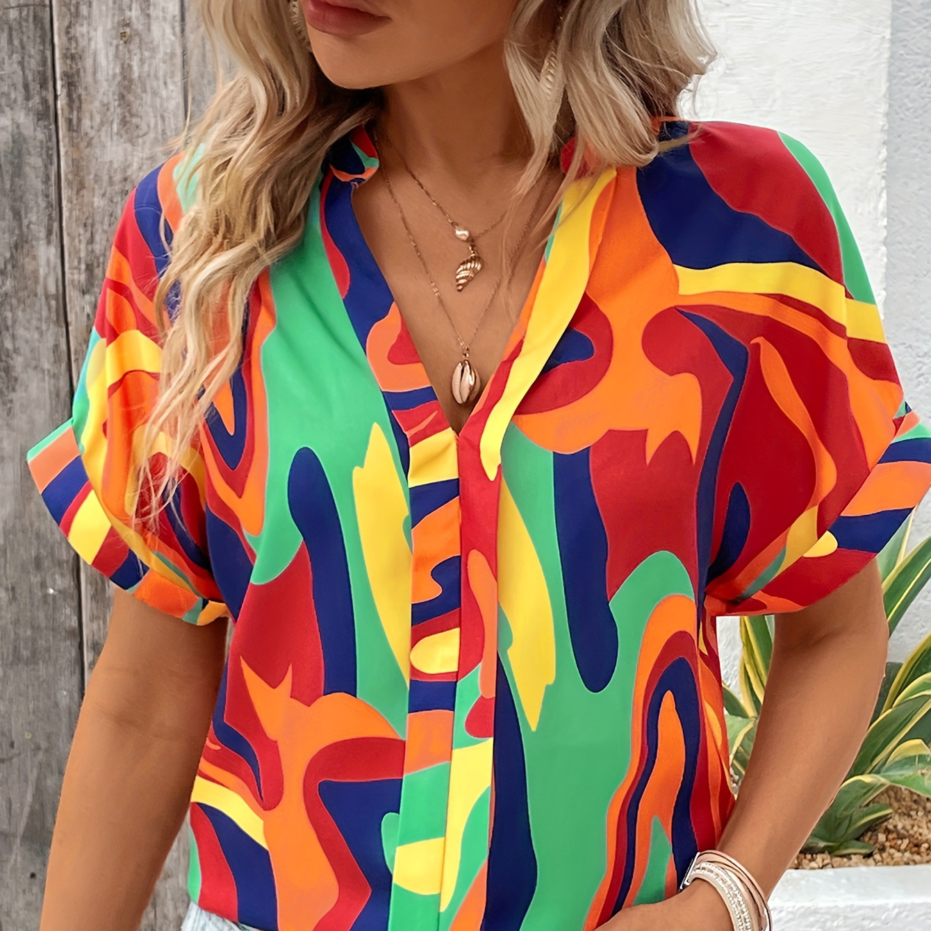 

Abstract Print Notched Neck Blouse, Elegant Short Sleeve Blouse For Spring & Summer, Women's Clothing