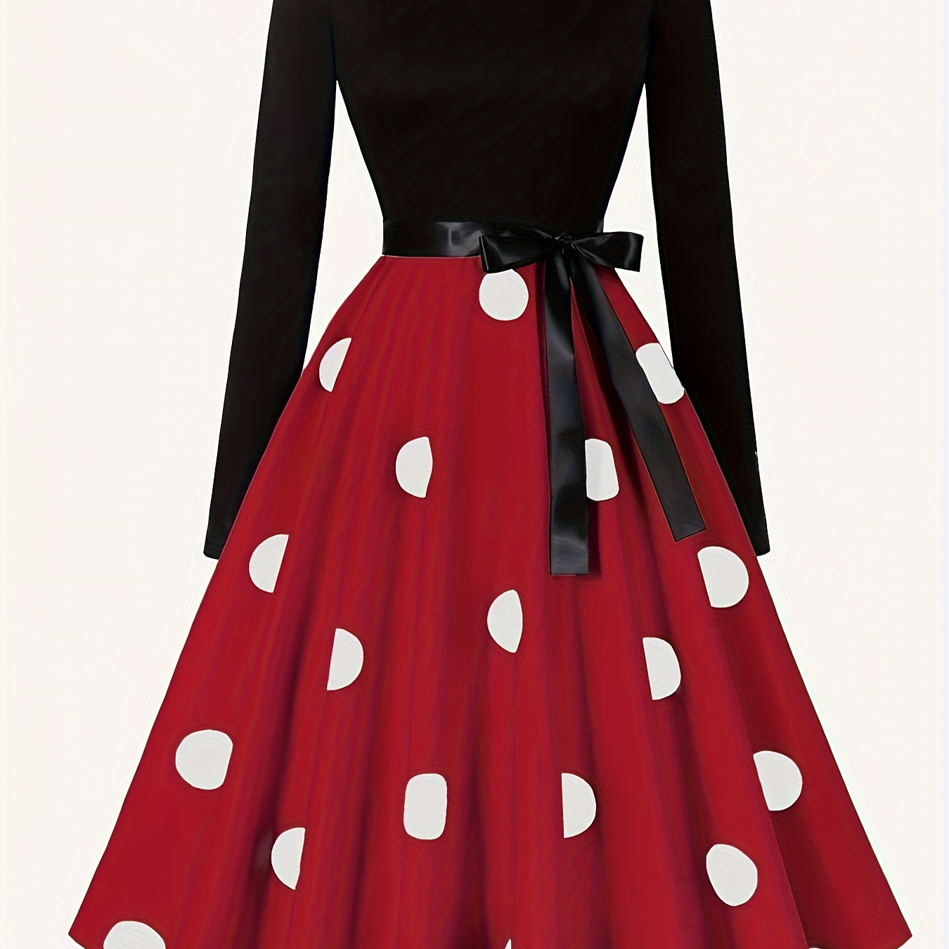 

Women's Elegant Long Sleeve Crew Neck Polka Dot Dress - 100% Polyester Fitted Midi Dress With Sash Detail - Versatile Woven Garment